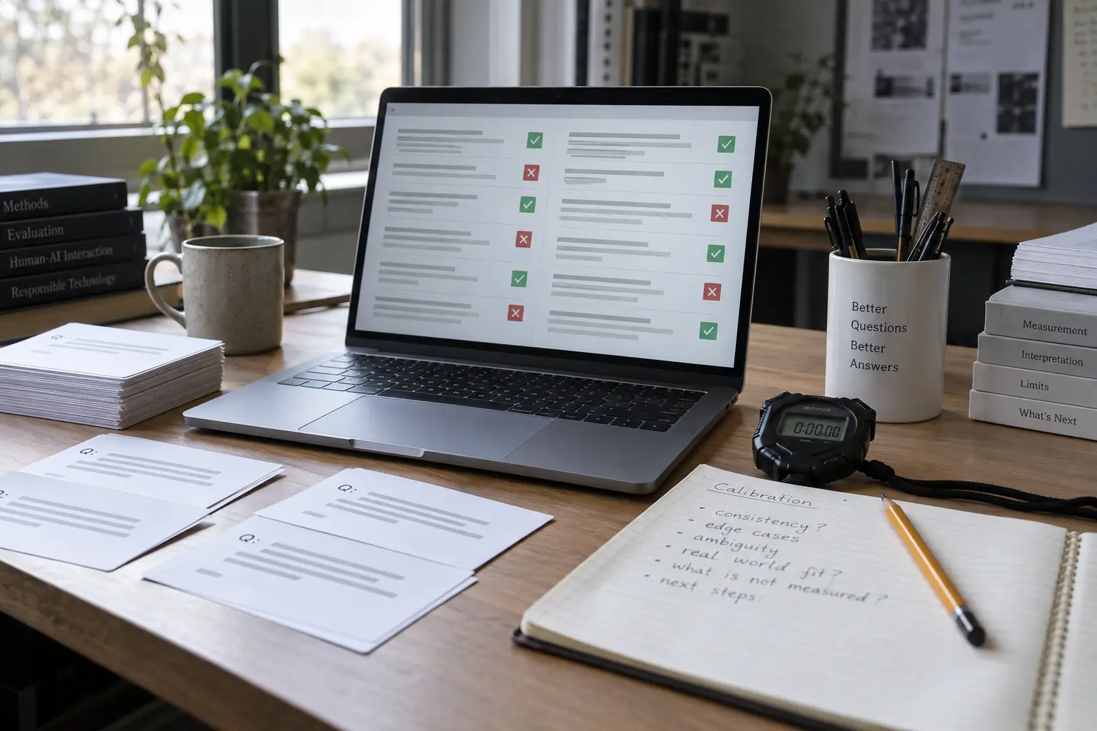 A research desk with a laptop displaying generic evaluation items, printed test prompts and calibration notes