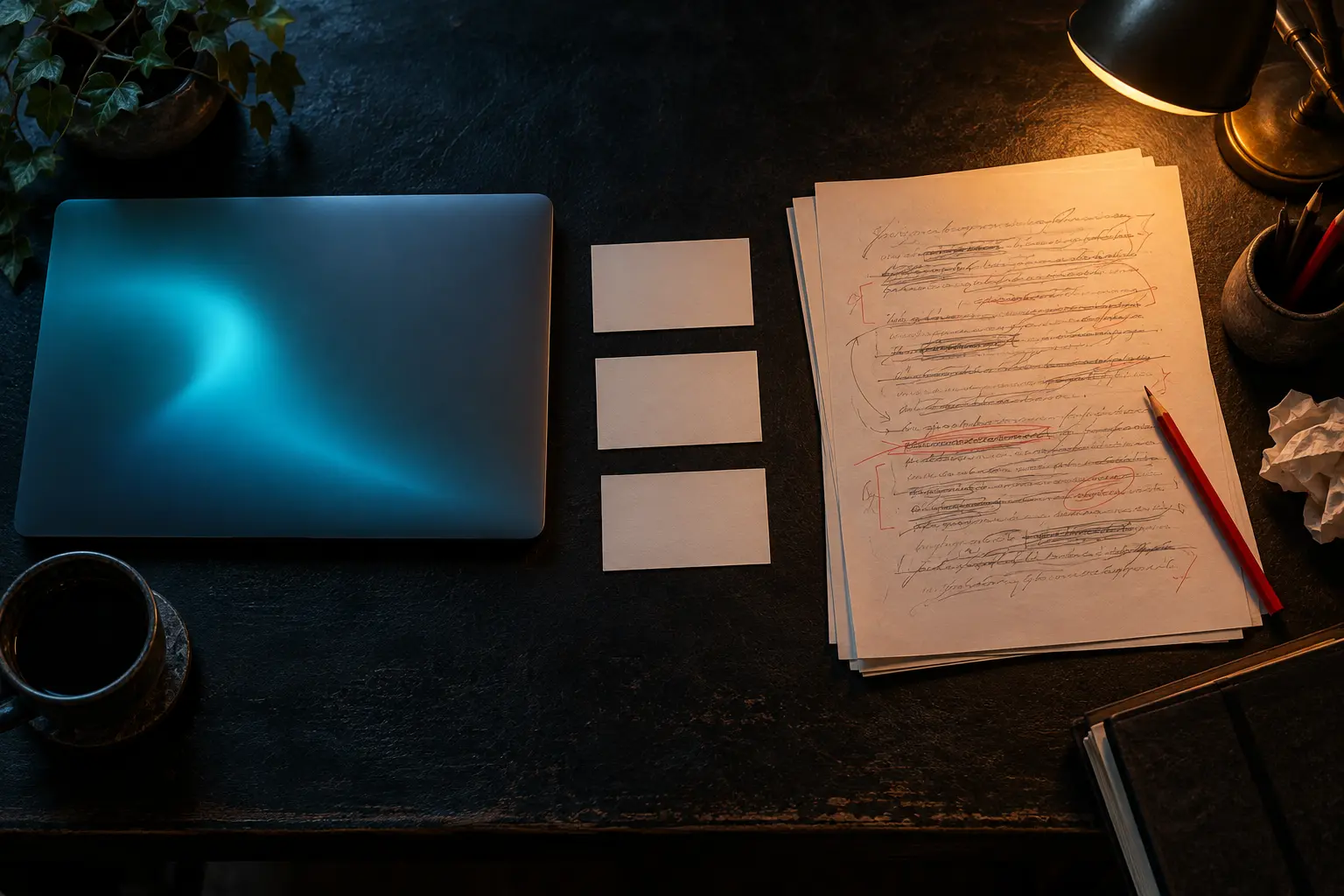 Conceptual unbranded laptop beside an edited paper draft and three blank review cards