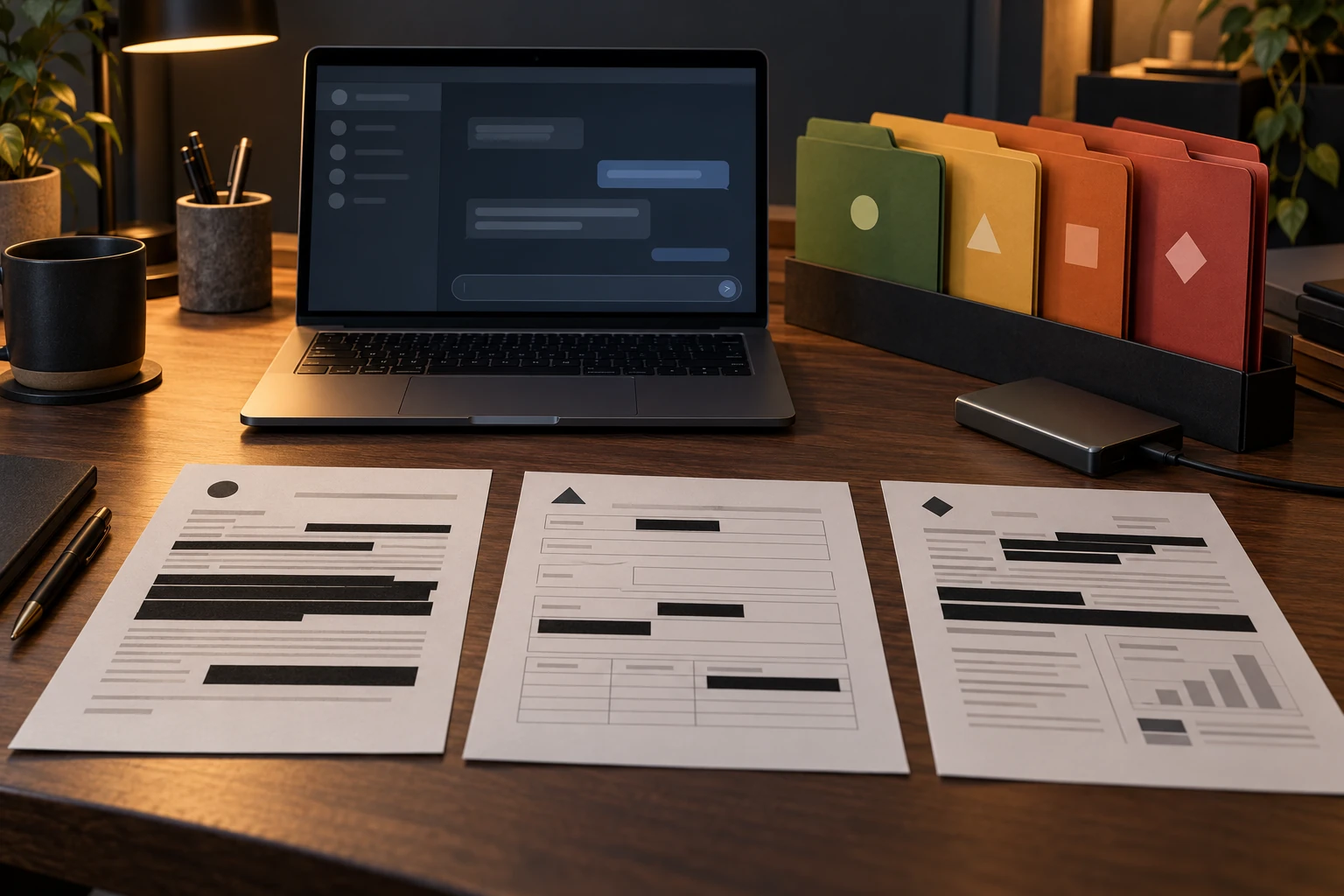 Laptop beside color-coded folders and documents with opaque redactions