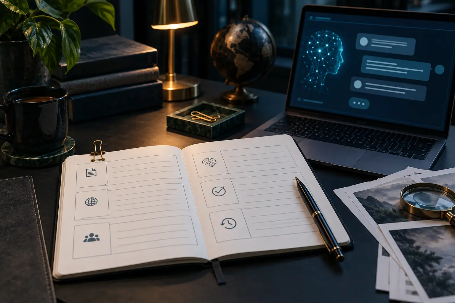 An open structured notebook beside a laptop with an abstract AI conversation and source-checking objects