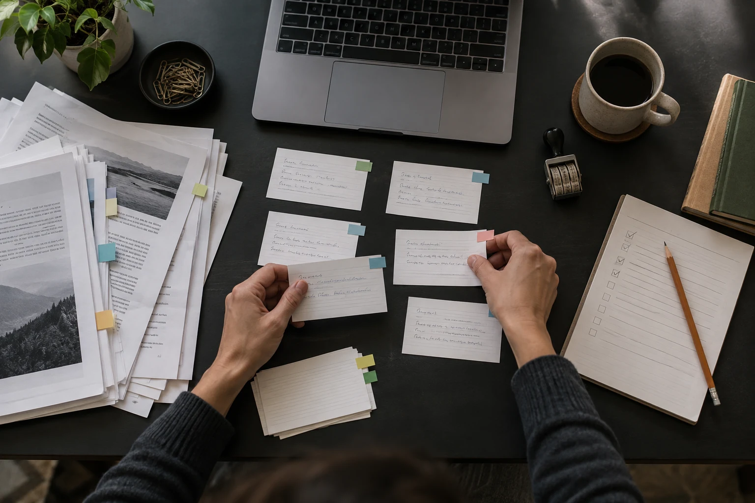 Hands sorting claim cards beside source documents, page tabs, a date stamp and a review checklist on a dark desk