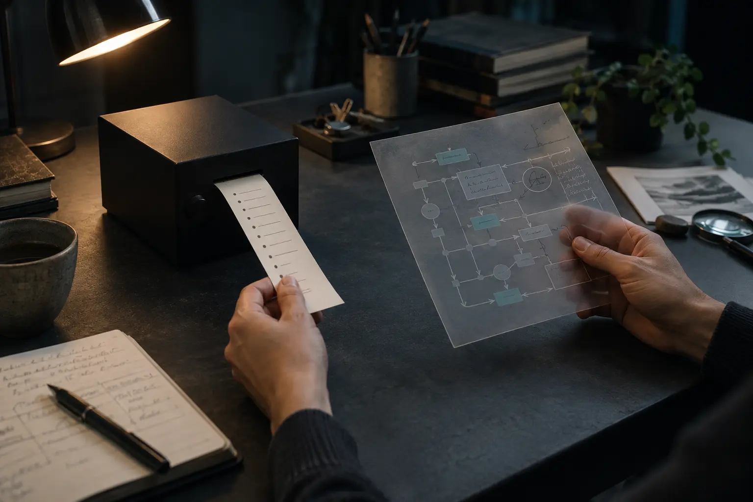 Hands comparing an opaque box's paper output with a separate translucent analytical overlay on a dark workbench