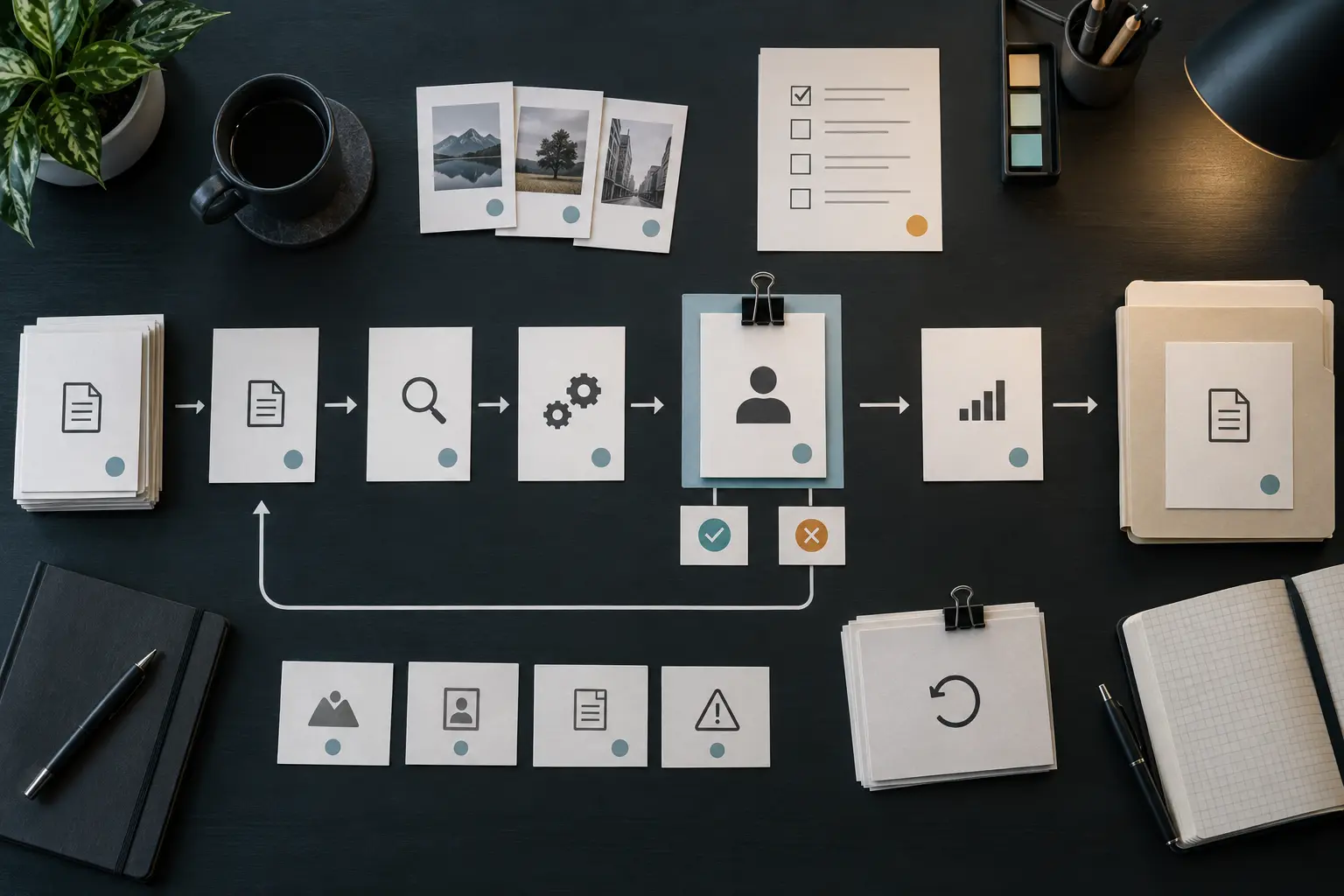 Overhead conceptual paper workflow with test cases, a centered human review gate and a visible rollback path