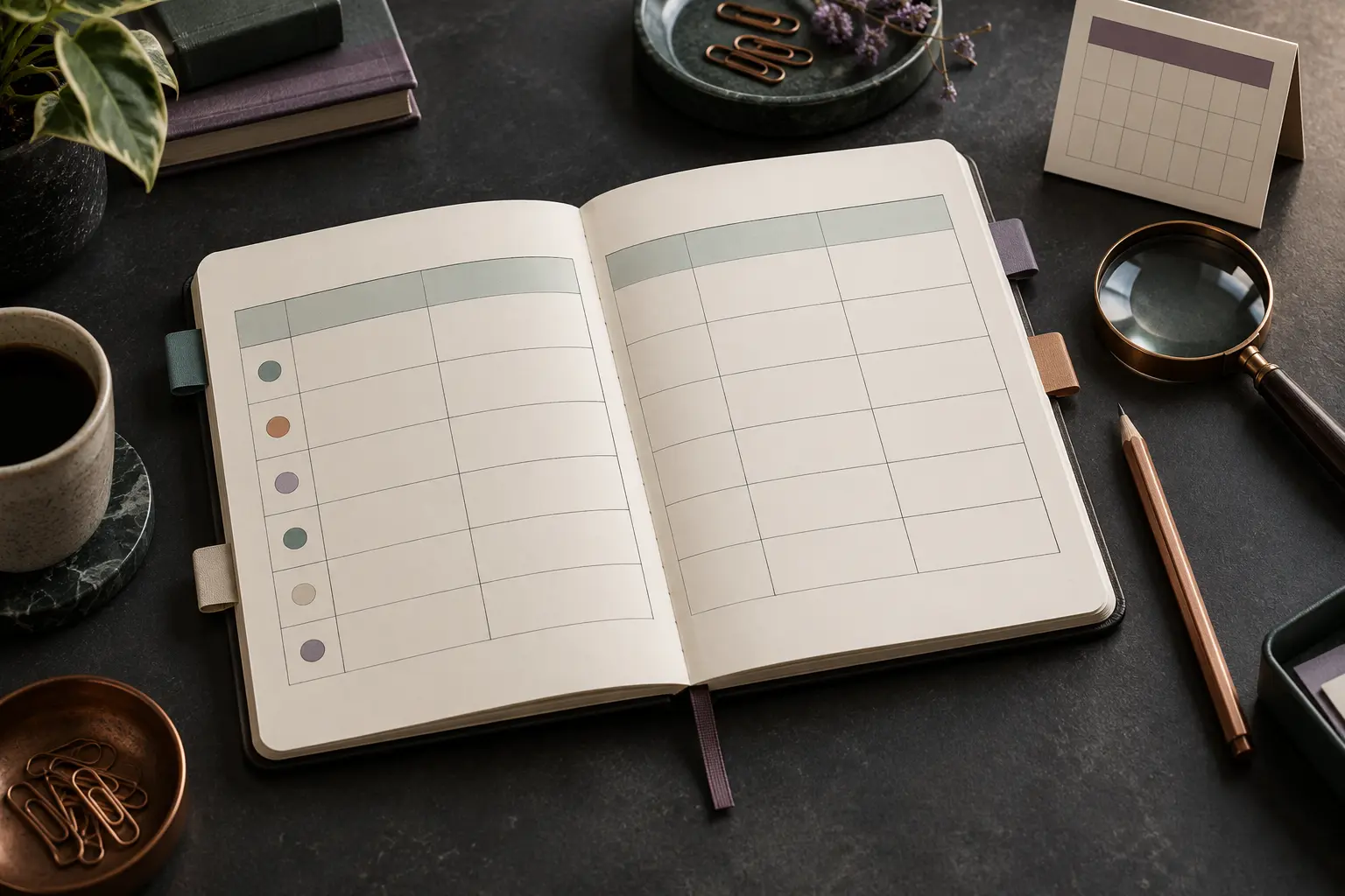 Open notebook with a blank decision grid, neutral tabs, pencil, magnifying glass and calendar card