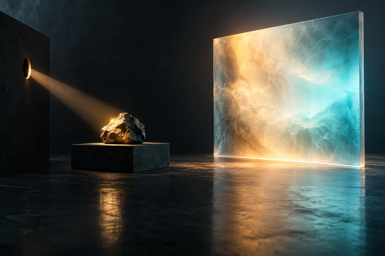 Conceptual still life with a narrow spotlight on a stone beside a broadly illuminated translucent field