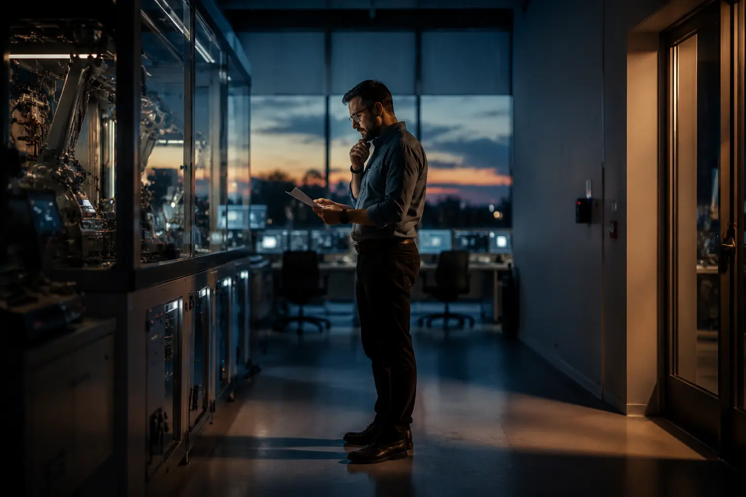 A person reviewing a paper checklist beside automated machinery in a quiet operations room