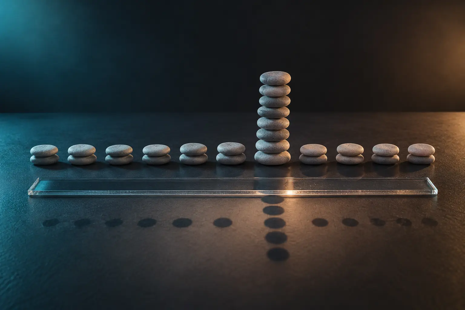 Conceptual row of small stone stacks with one much taller stack above a clear ruler