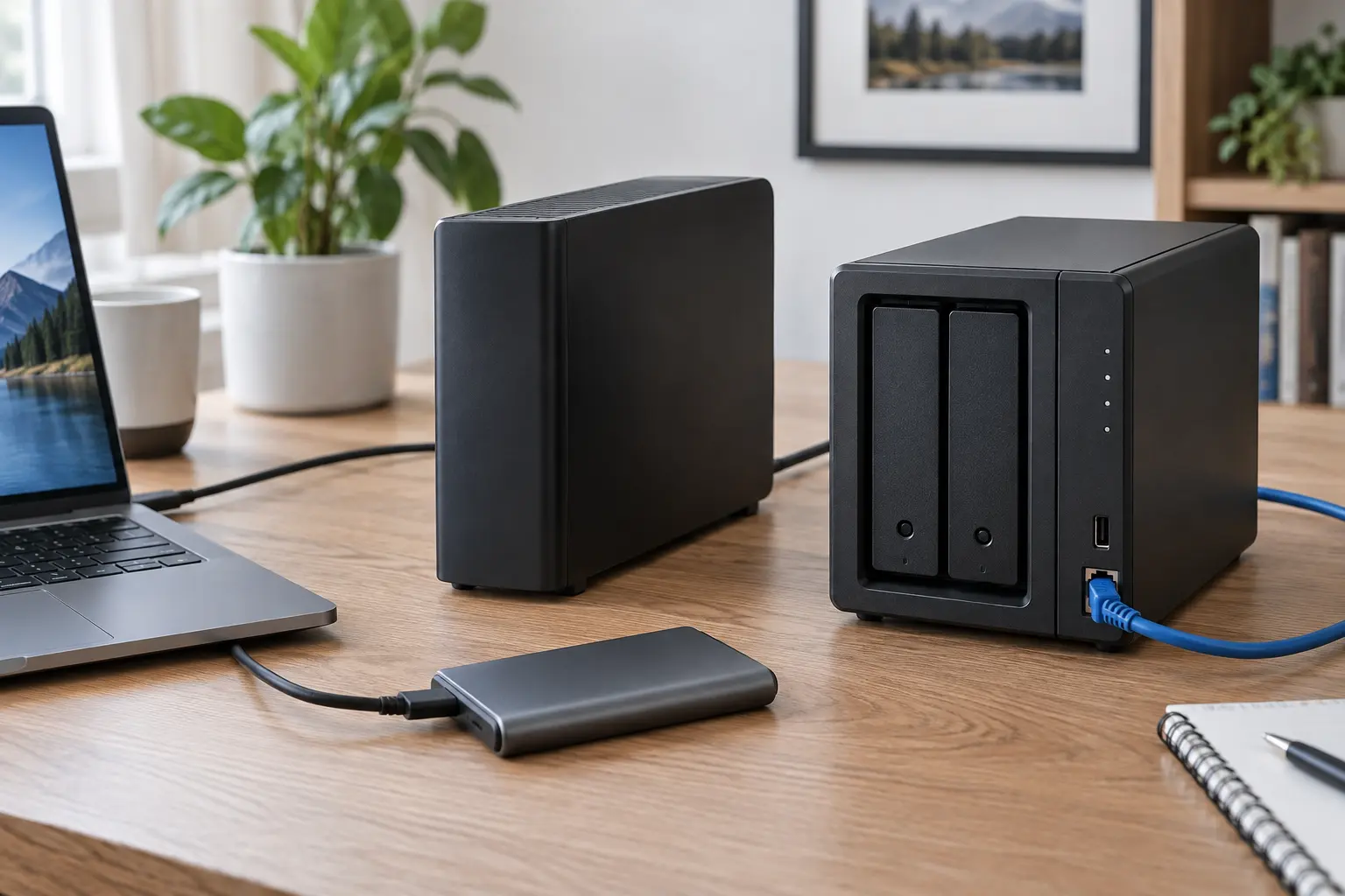 An unbranded portable external SSD, desktop external hard drive and two-bay NAS on a home-office desk