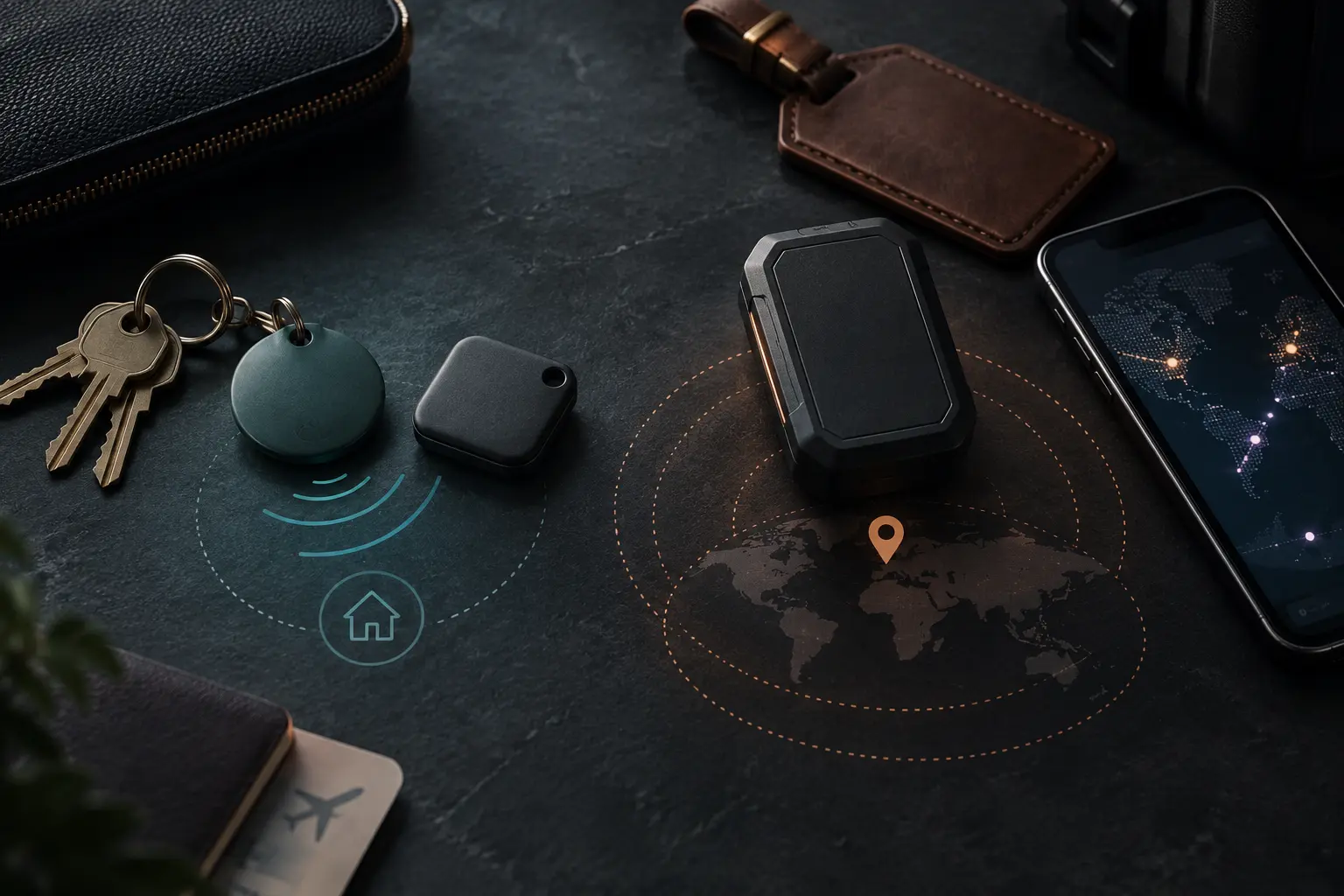 Generic round and square Bluetooth tags beside keys, a thicker GPS-style module and a phone with an abstract map