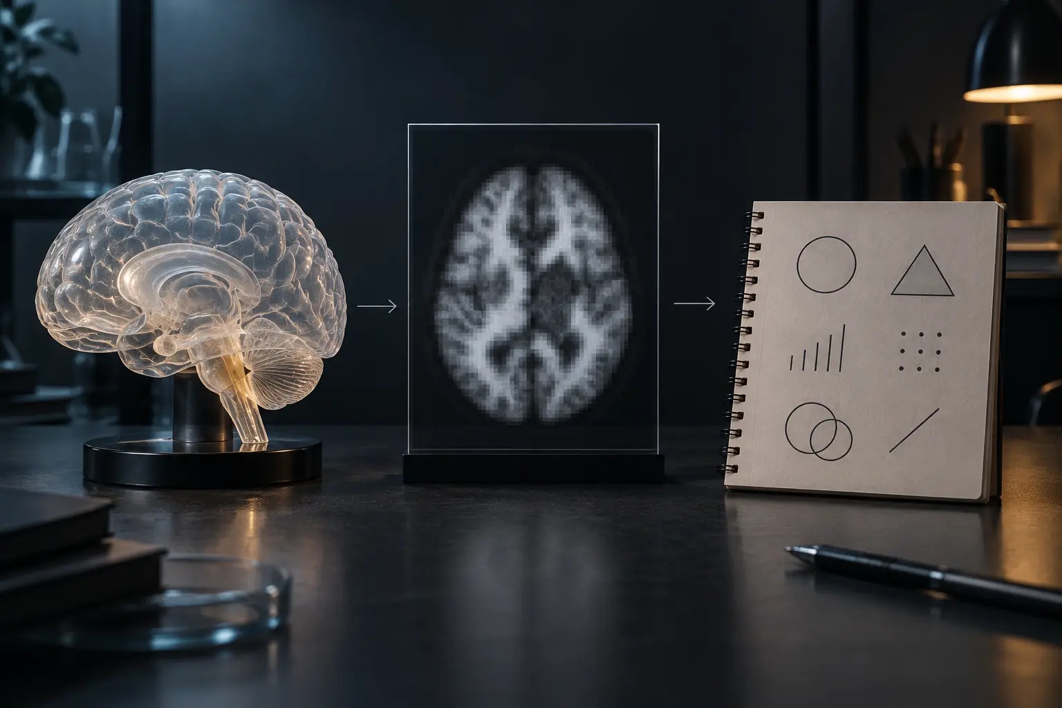 Conceptual brain model, indirect scan-like signal and abstract interpretation notebook shown as three separate layers