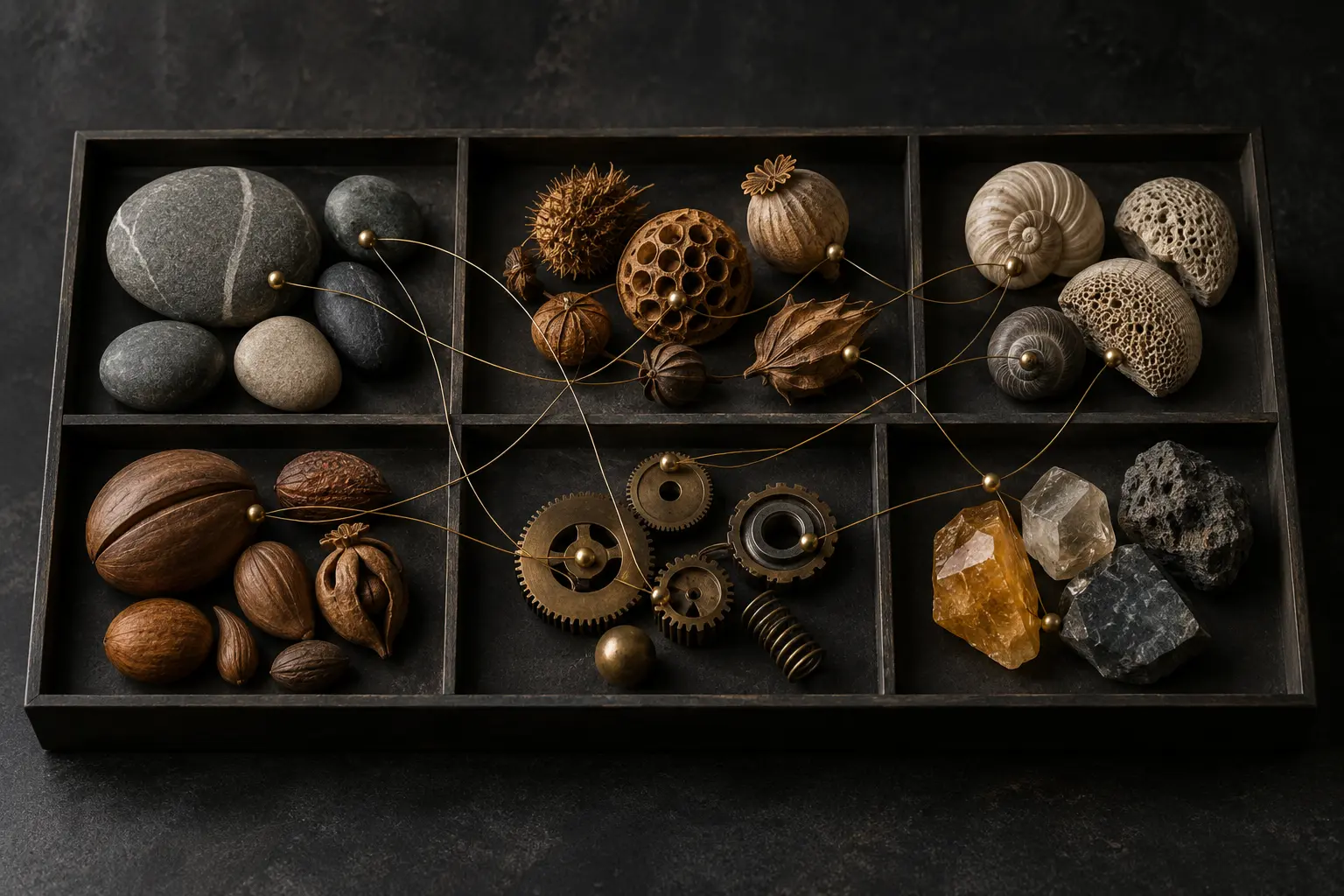 Natural objects and machine parts sorted into compartments with brass threads crossing the boundaries