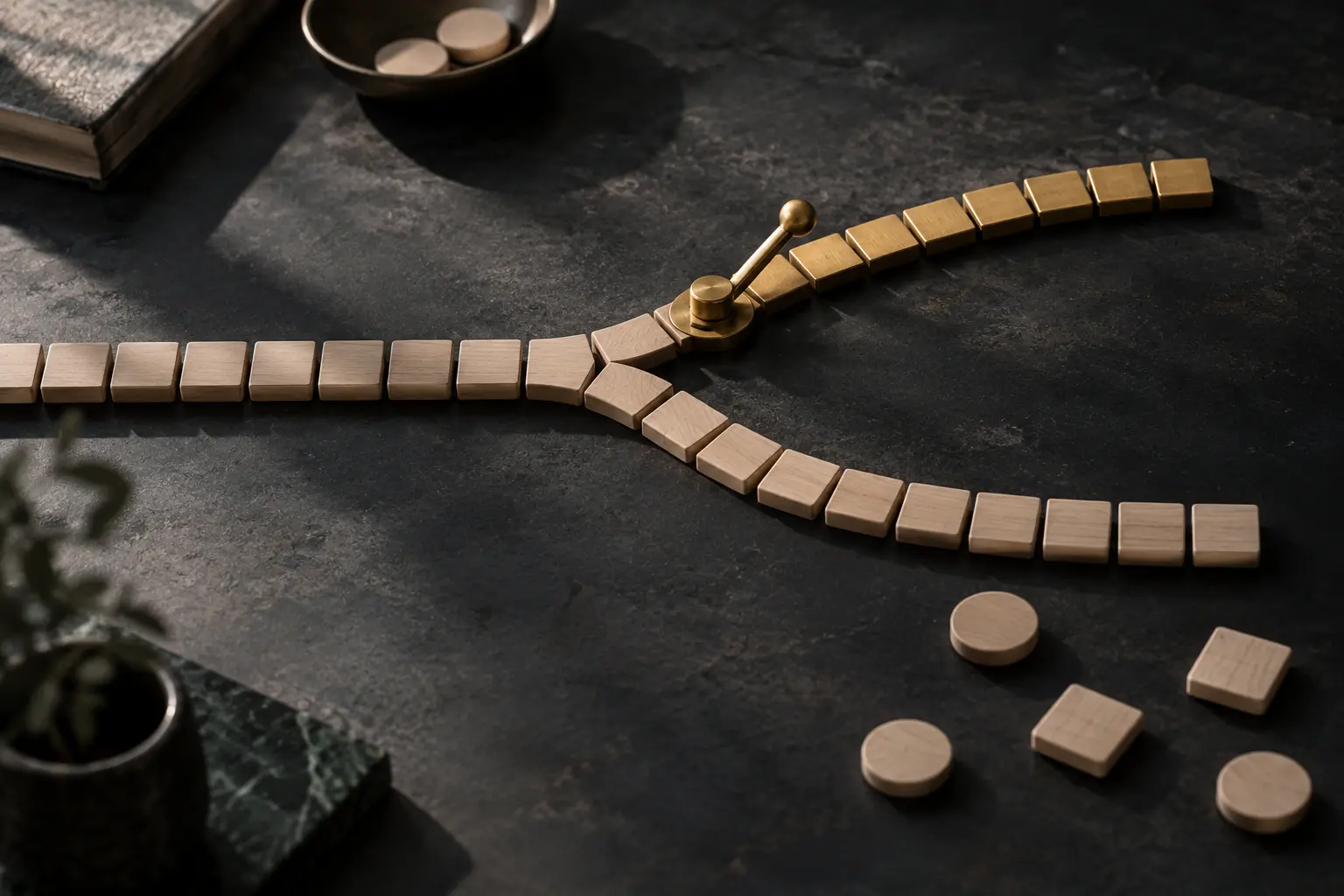 Conceptual branching paths of wooden tiles with one brass lever changing a single route