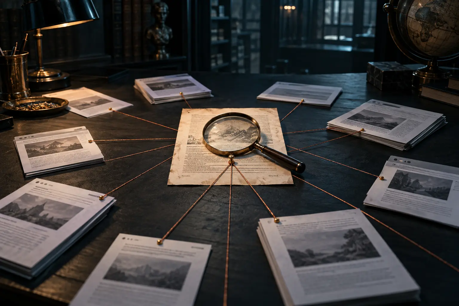 Conceptual evidence map with many documents connected by copper threads to one original paper under a magnifying glass