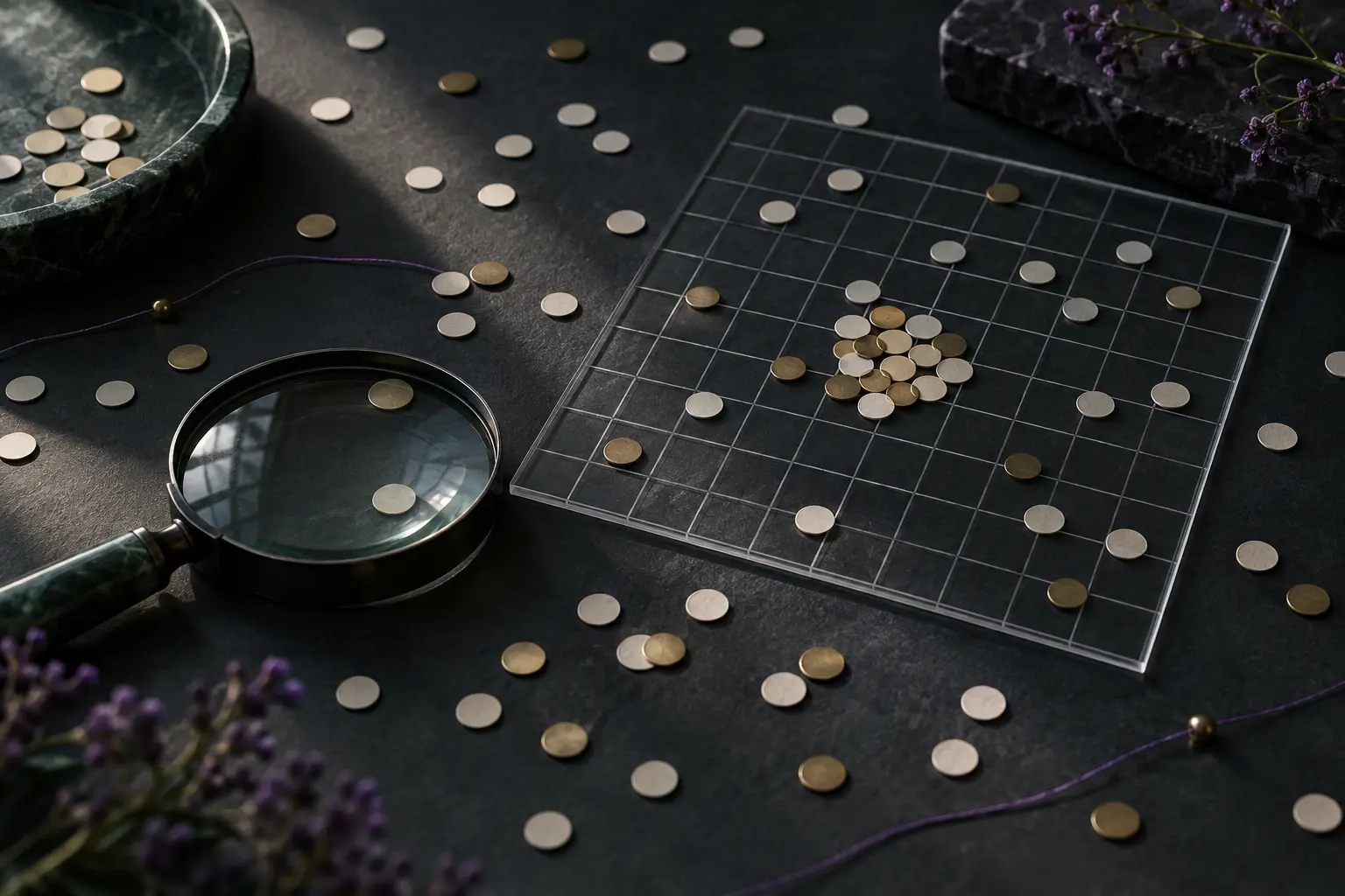 Conceptual tabletop with scattered brass tokens, an accidental cluster, a transparent grid and magnifying glass