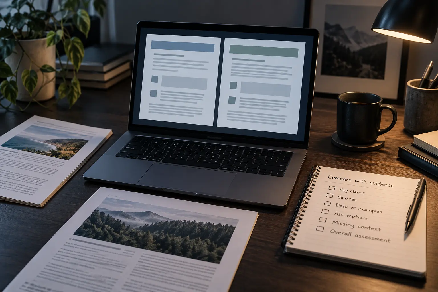 A laptop with two generic answer panels beside source documents and a handwritten evidence checklist