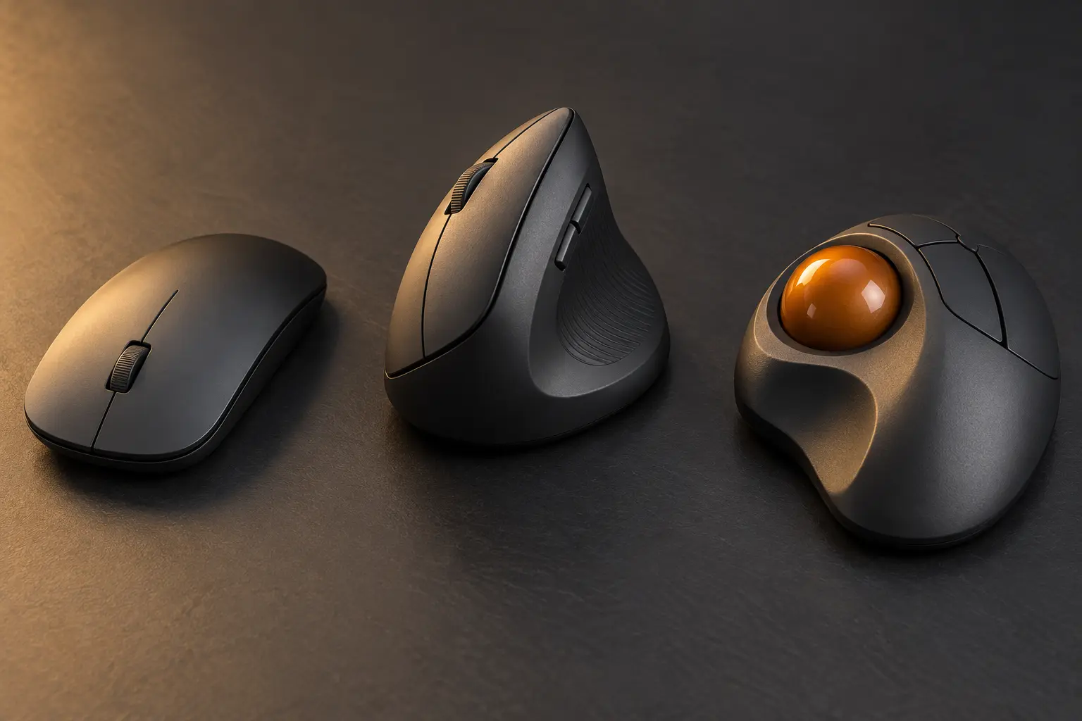 Unbranded conventional mouse, vertical mouse and thumb-operated trackball arranged side by side