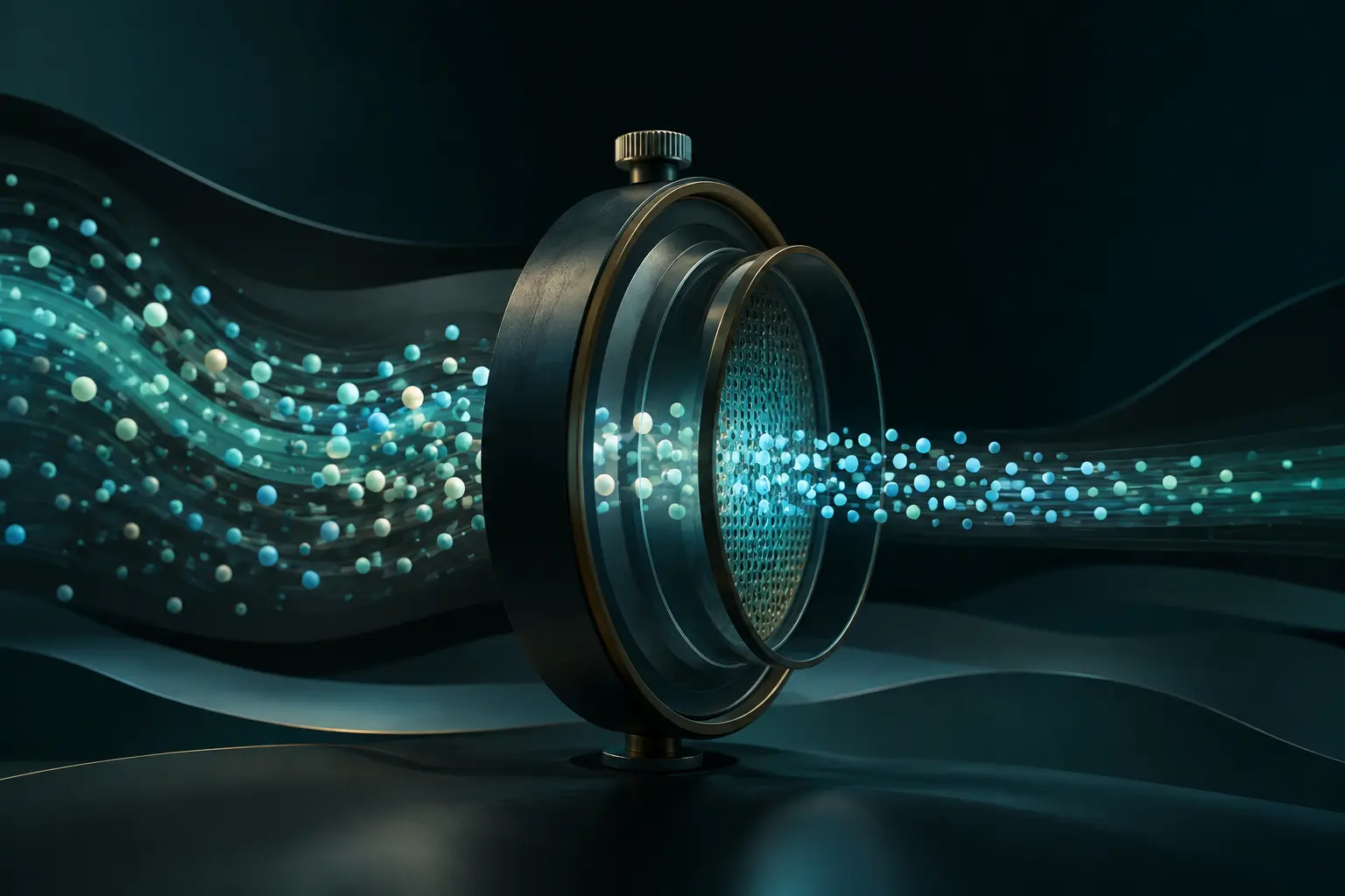 Conceptual editorial illustration of prediction tokens passing through a calibration instrument and leaving in a more orderly stream