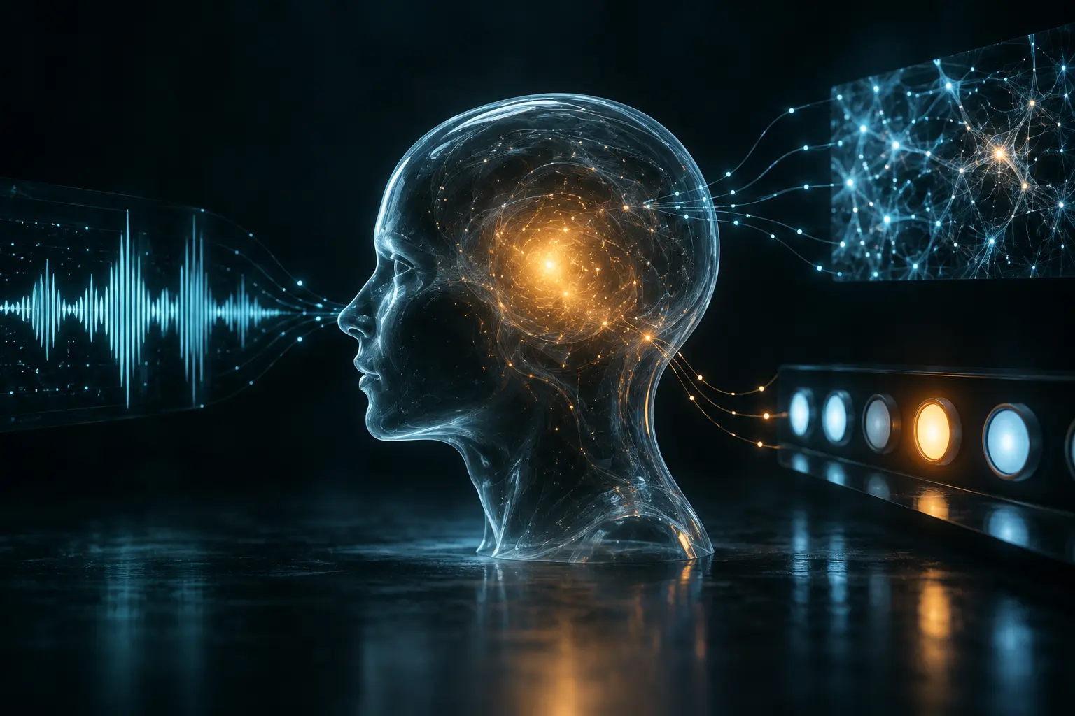 Conceptual translucent human profile surrounded by separate speech, behavior and neural evidence channels