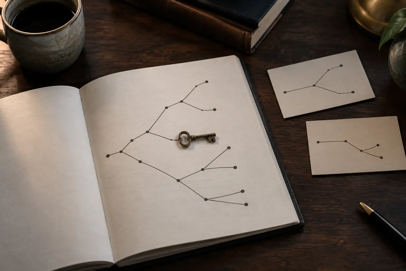 An open notebook with branching paths, index cards and a brass key marking one realized route