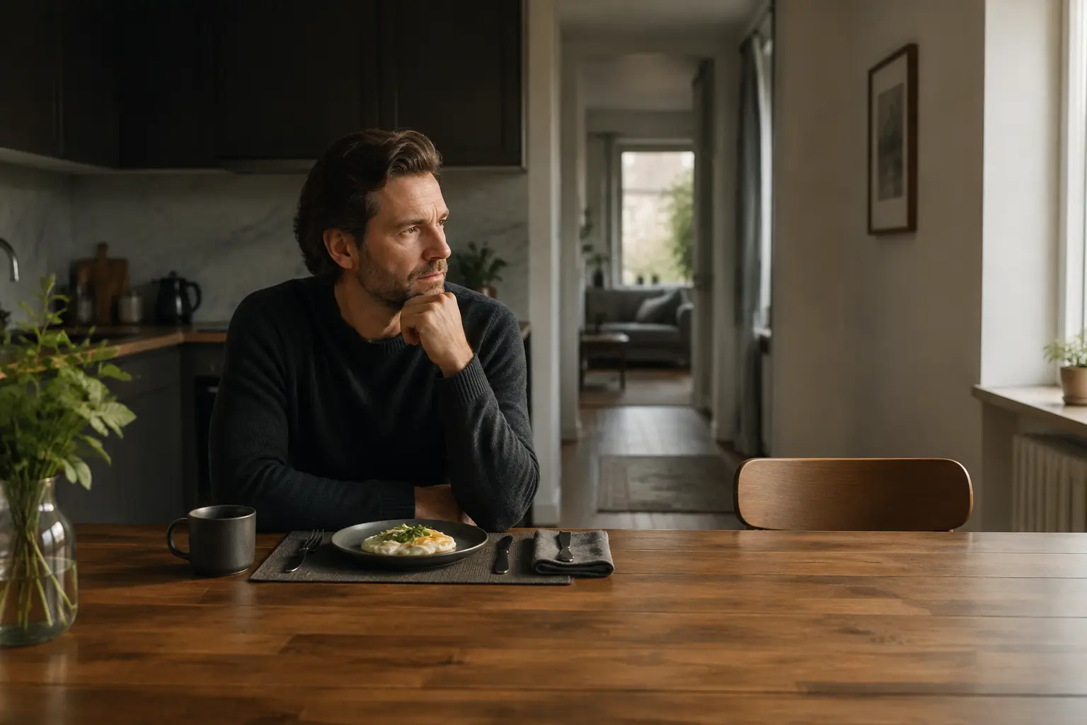 A man considering an already prepared place at a kitchen table while an empty alternative seat remains nearby