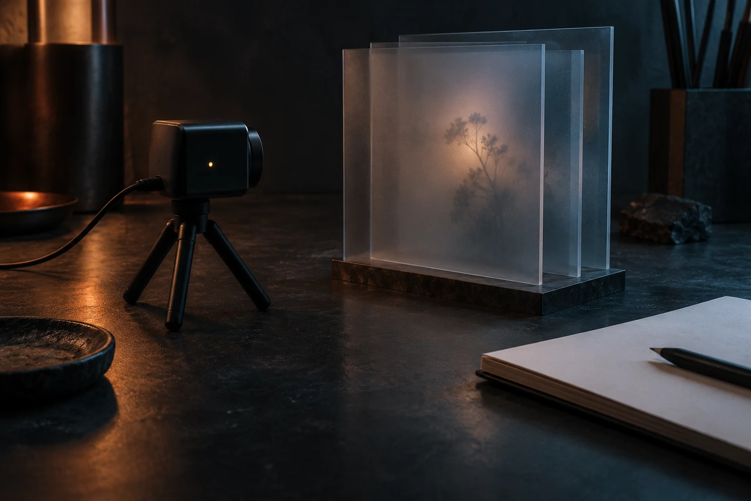 Conceptual unbranded sensor facing a faint plant silhouette behind translucent layers beside a blank notebook