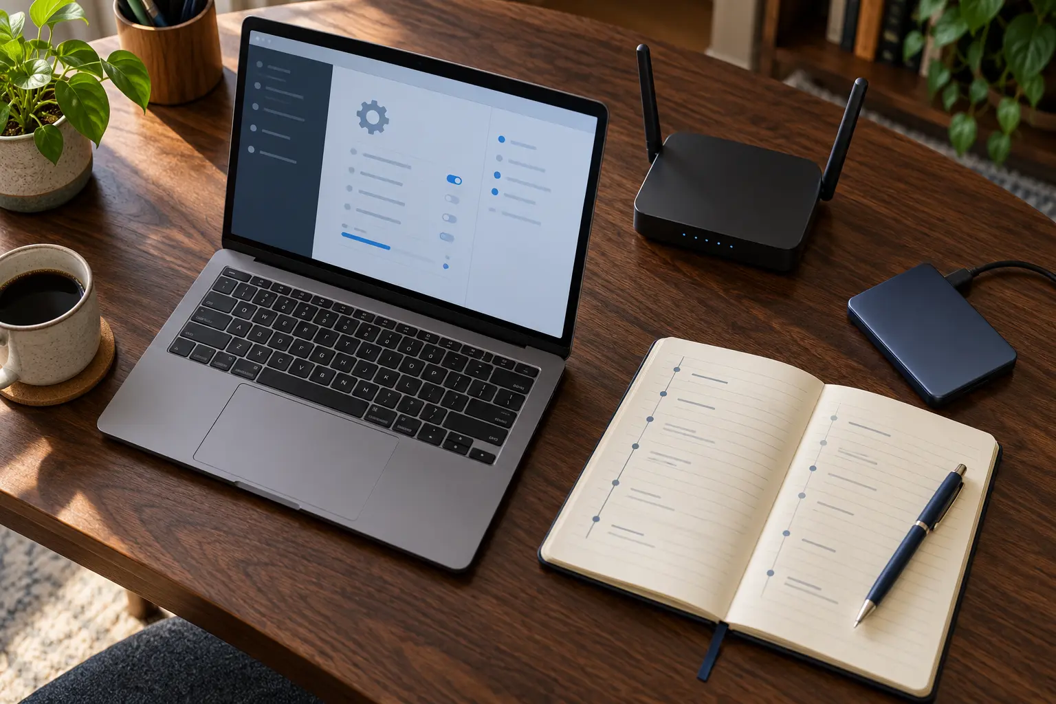 Laptop, router, external drive and open notebook arranged for documenting a settings change