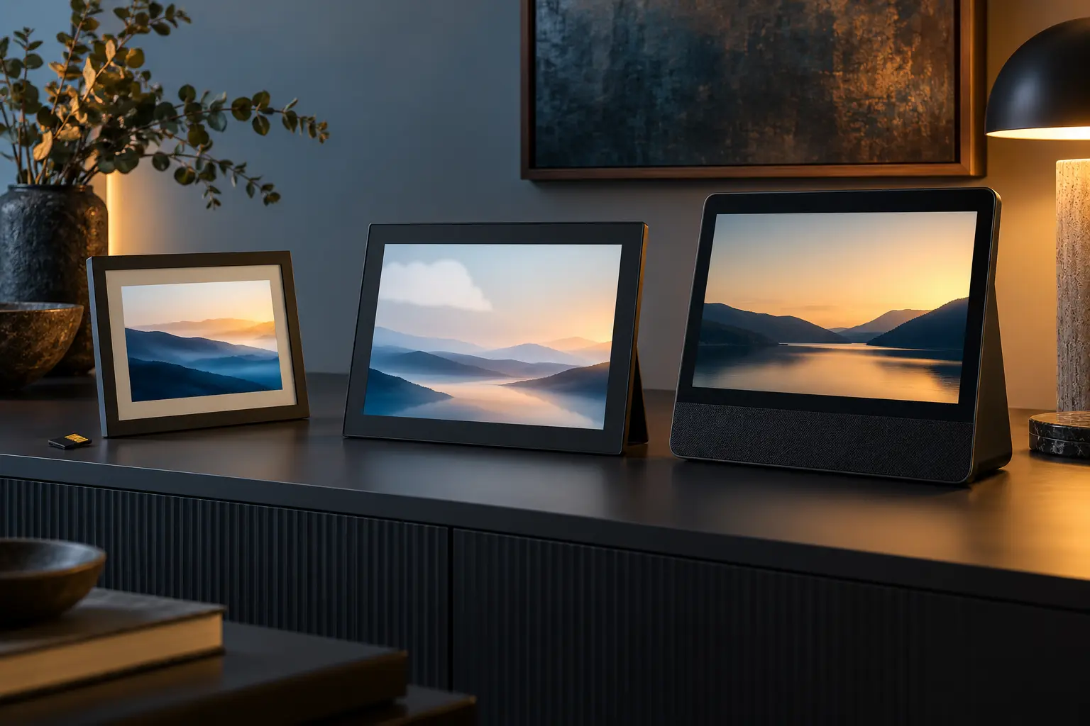 Three generic unbranded displays representing a memory-card photo frame, a cloud-connected frame and a smart display with speaker grille