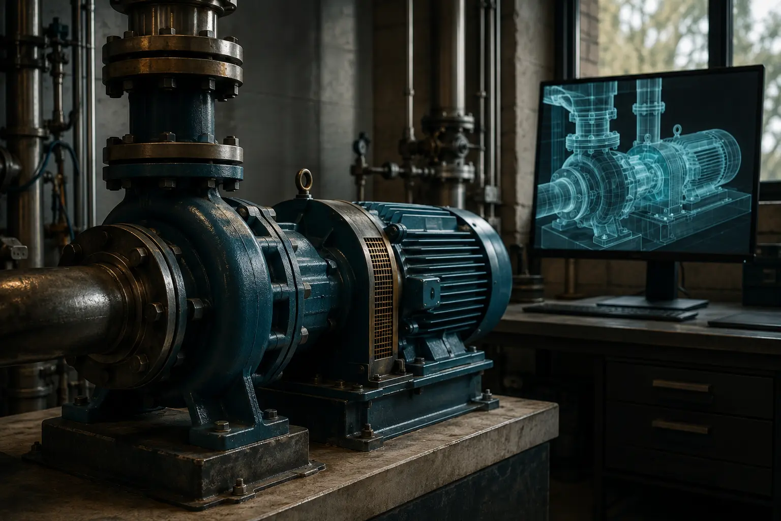 A physical industrial pump beside a monitor displaying a digital model of similar machinery