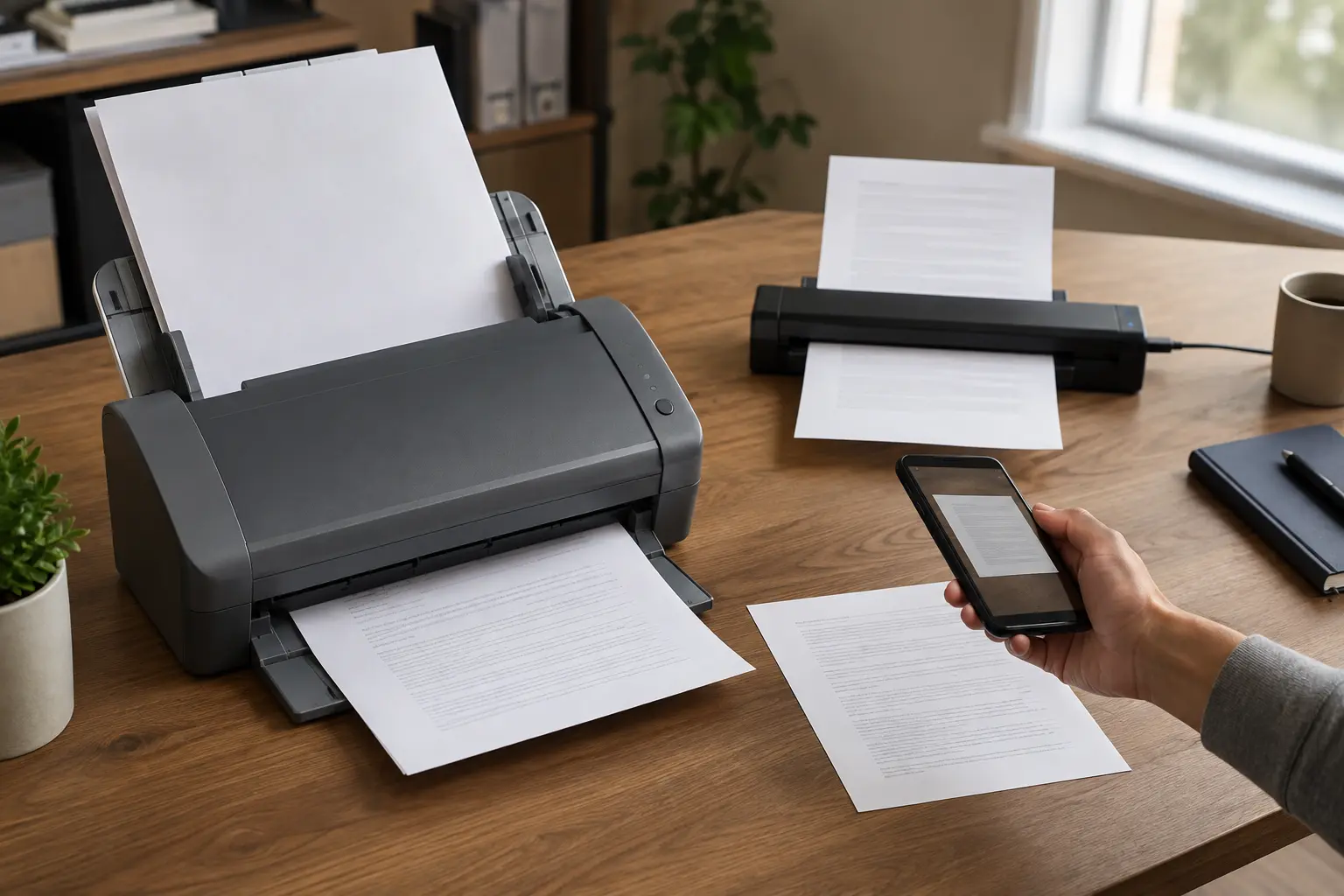 A full-size sheet-fed scanner, compact scanner and hand-held smartphone scanning a paper on a home-office desk