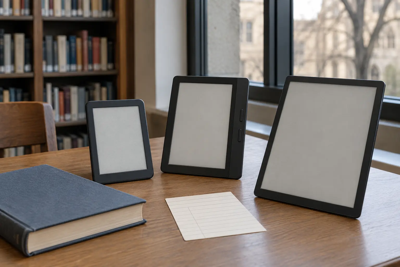 Three generic unbranded e-paper readers beside a blank library card and closed print book at a library table