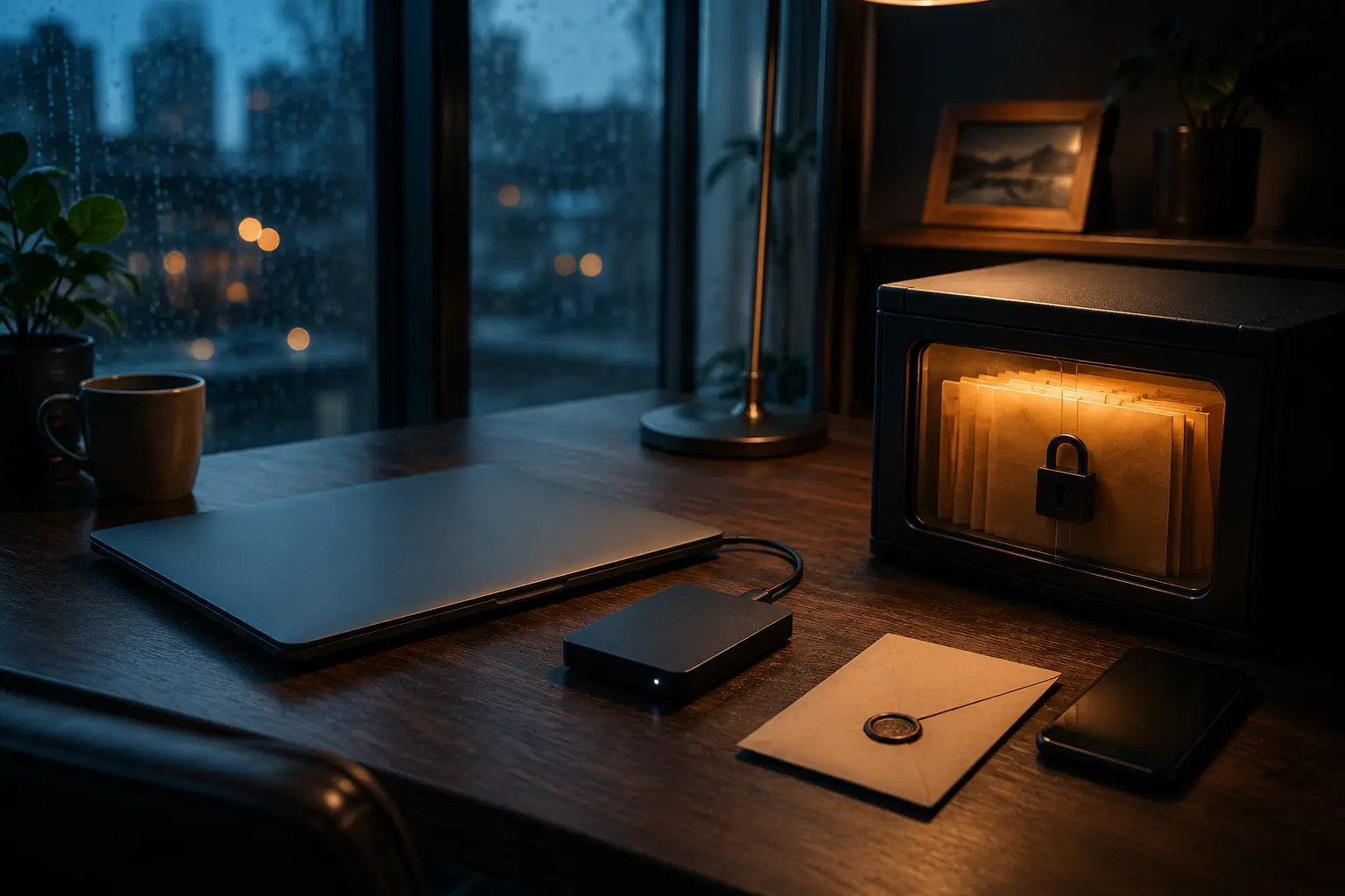 A laptop, external drive, sealed recovery envelope and locked document case on a private desk at dusk