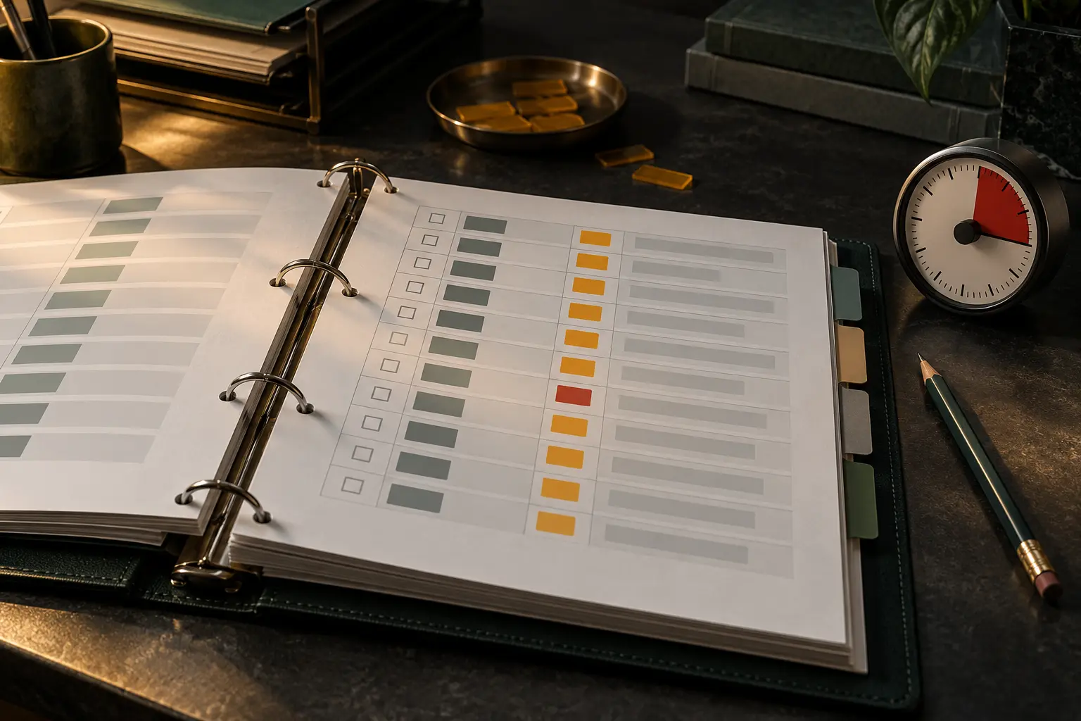 Conceptual open binder with repeated amber exception markers, one red review marker, blank rows, tabs and a timer