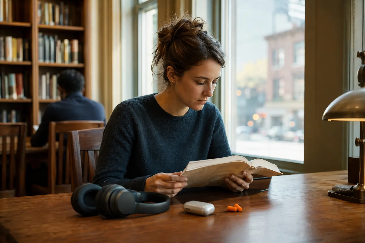 A person reading in a quiet library with generic over-ear headphones, an earbud case and foam earplugs on the table