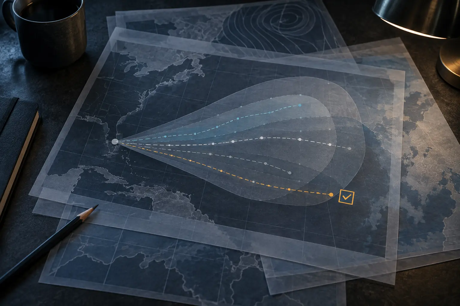 Layered conceptual weather maps showing several possible paths spreading from one starting point