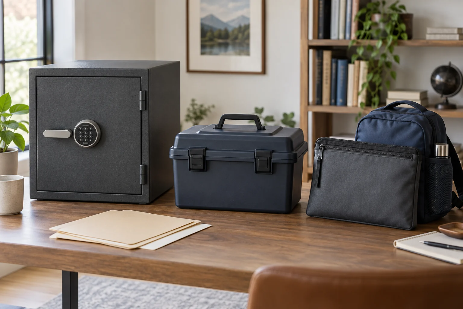 Conceptual comparison of a generic metal safe, portable document chest and zip pouch beside a go-bag