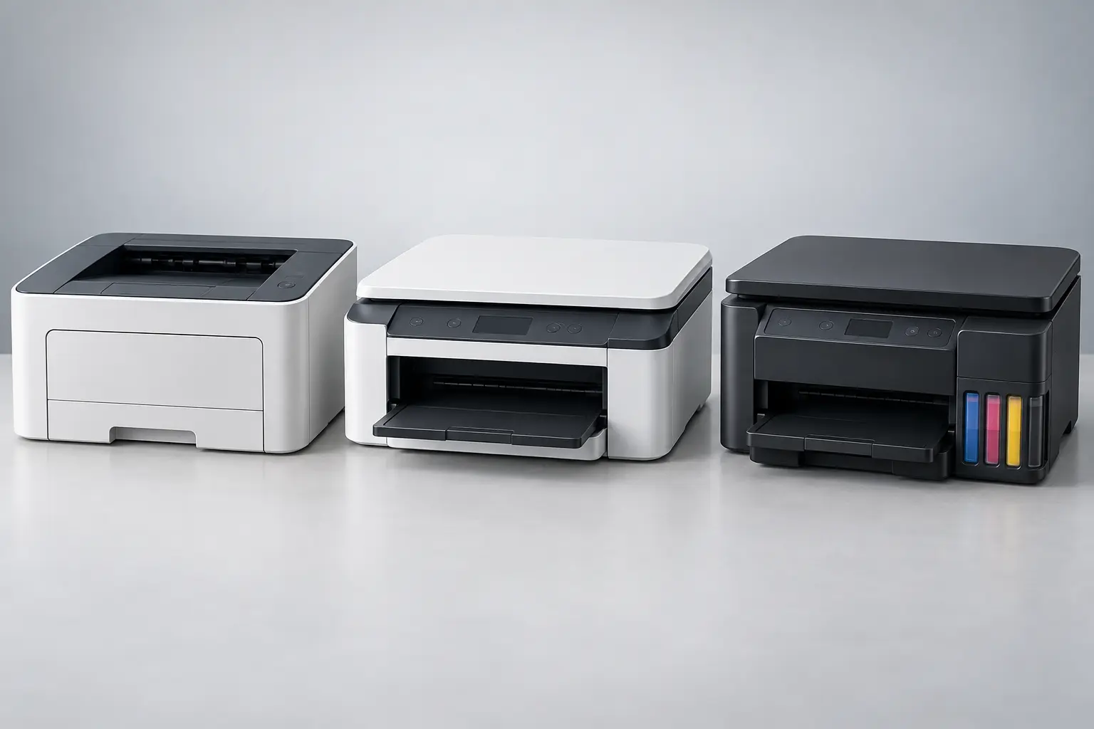 Generic unbranded monochrome laser, cartridge inkjet and refillable ink-tank home printers shown side by side