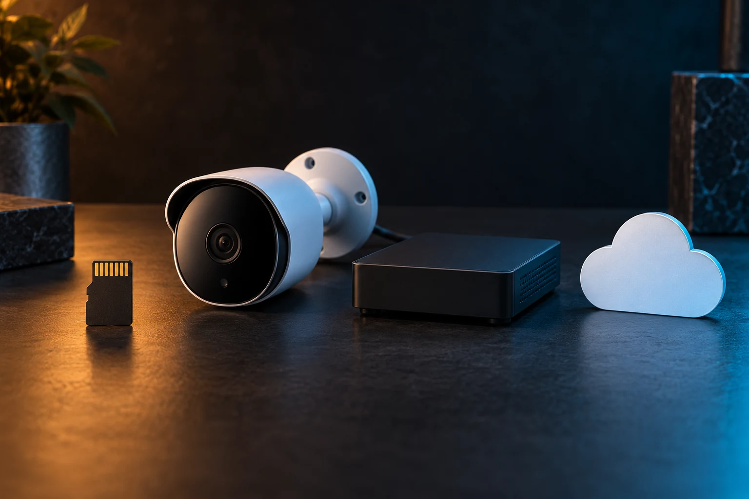 Generic unbranded home security camera beside a microSD card, local recorder and abstract cloud symbol
