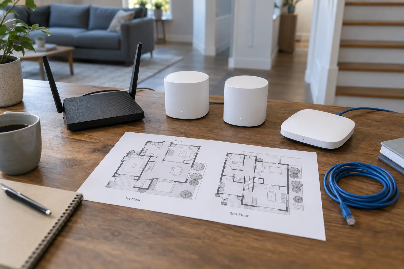 Generic router, two mesh nodes, a wired access point, Ethernet cable and a two-story floor plan on a table