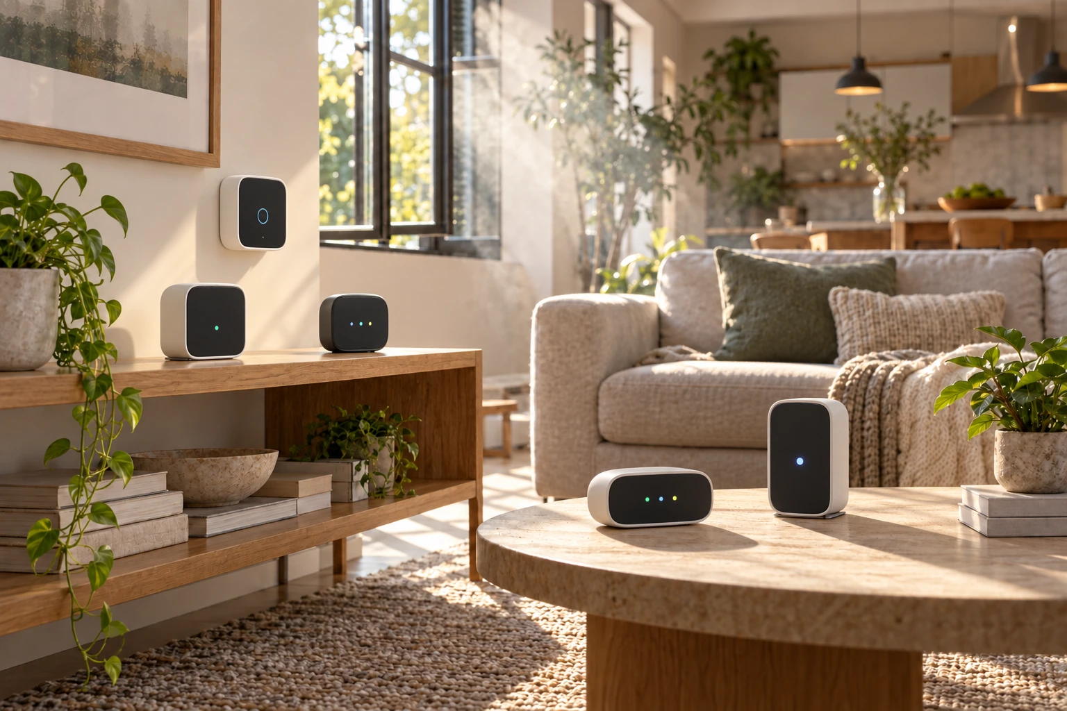 Generic compact air-quality sensor displays in a bright room with an open window