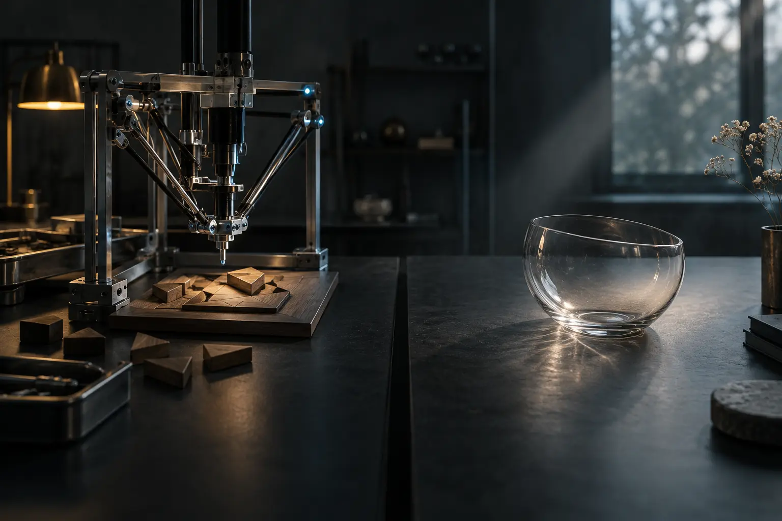 Conceptual editorial scene with a mechanical problem-solving apparatus separated from an empty illuminated glass vessel