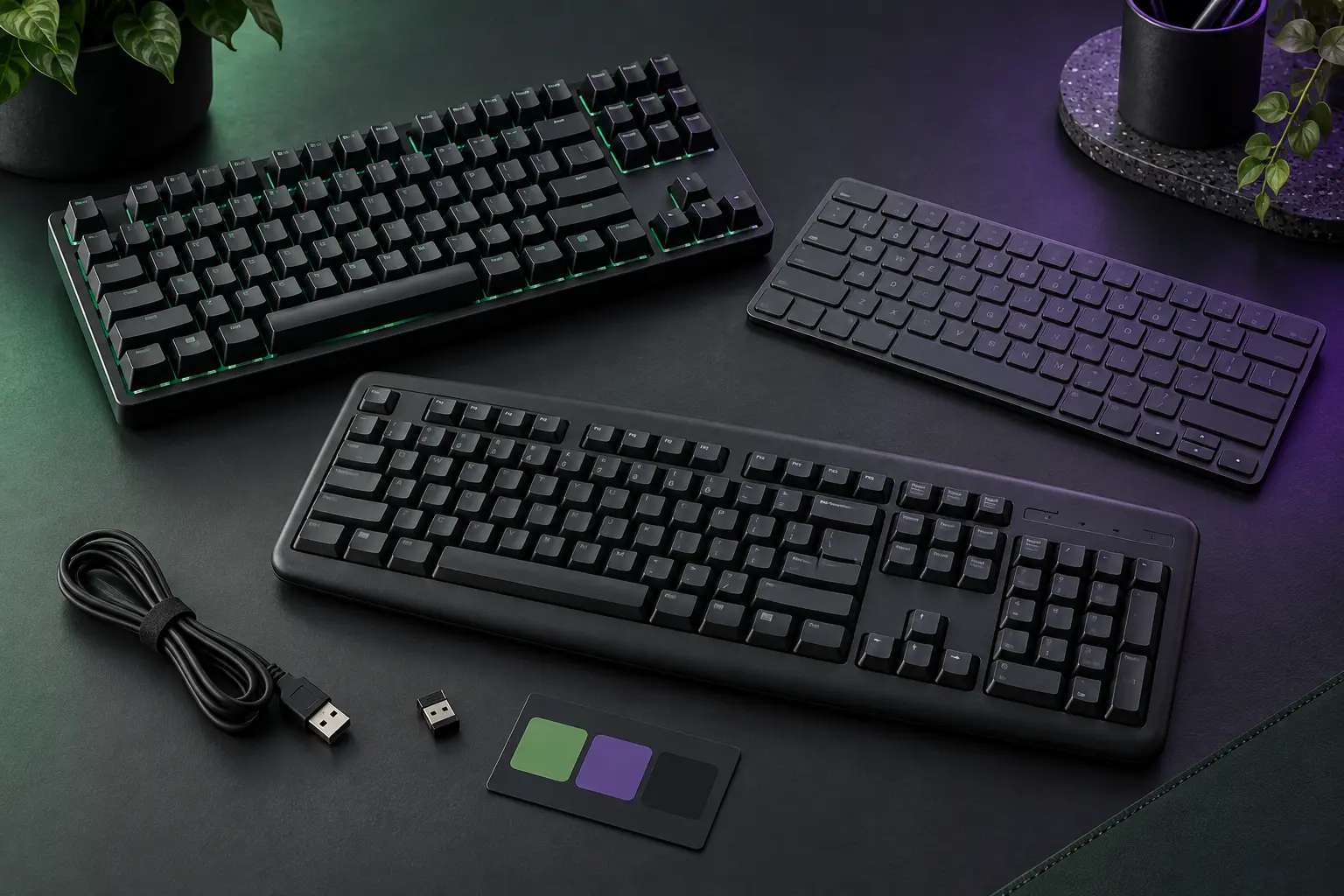 Conceptual comparison of an unbranded tall-key mechanical keyboard, slim scissor keyboard and full-size membrane keyboard