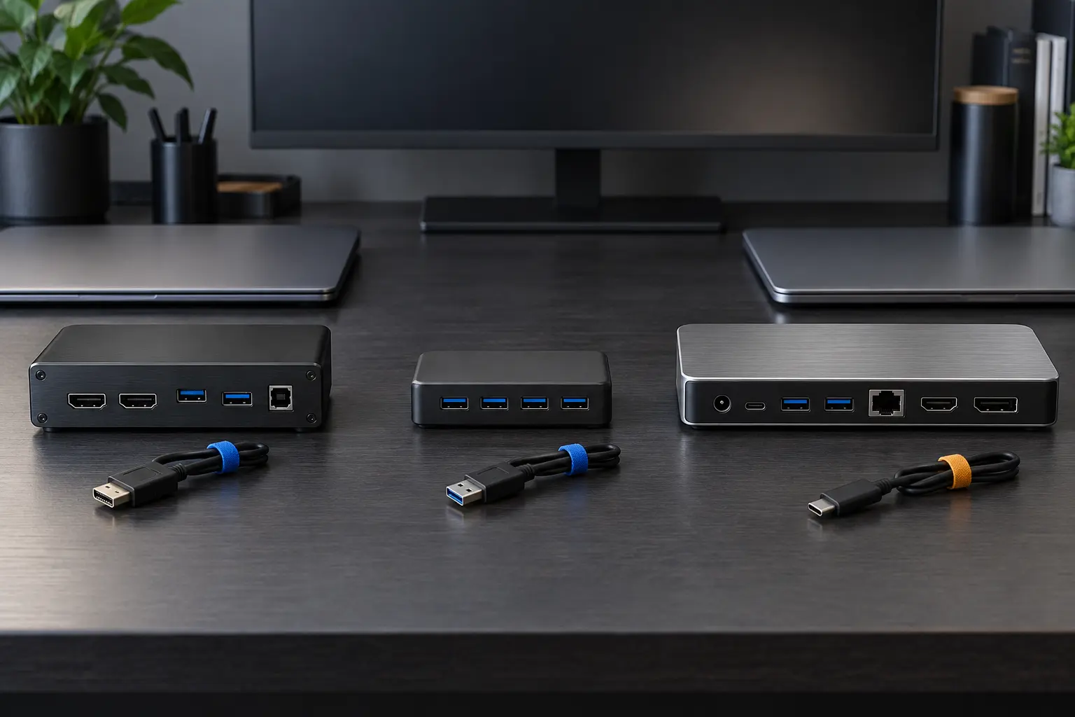 Three separate generic device categories on a desk: a video and USB switch, a USB-only selector and a laptop dock