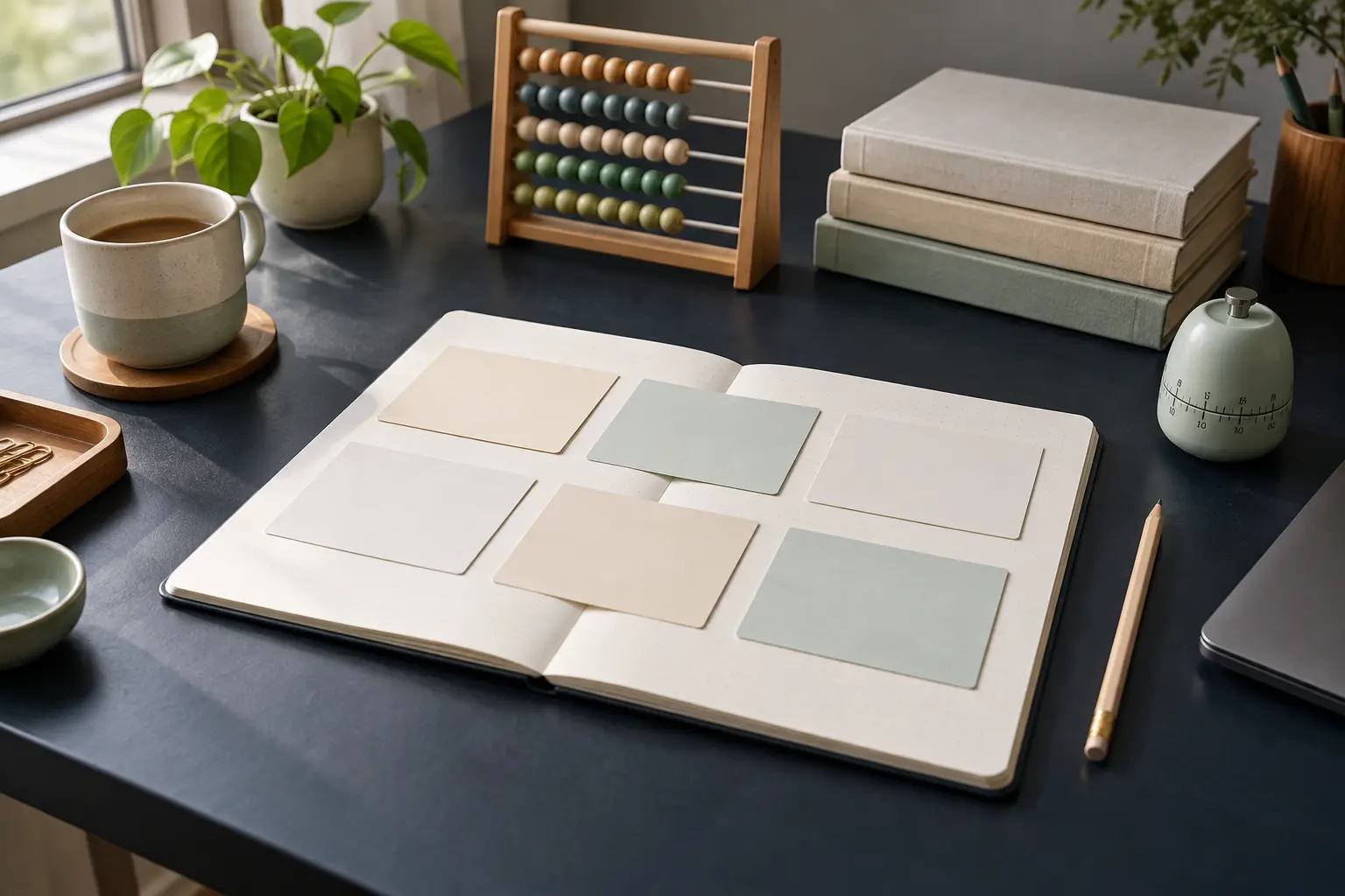 Calm study desk with six blank cards arranged across an open notebook, reference books, abacus and timer