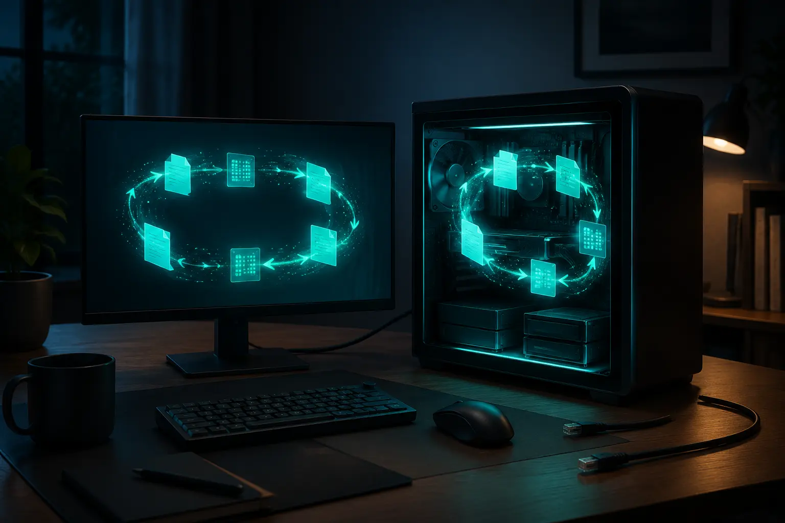 Conceptual editorial illustration of documents circulating in a closed loop within a desktop computer while unplugged network cables rest on the desk