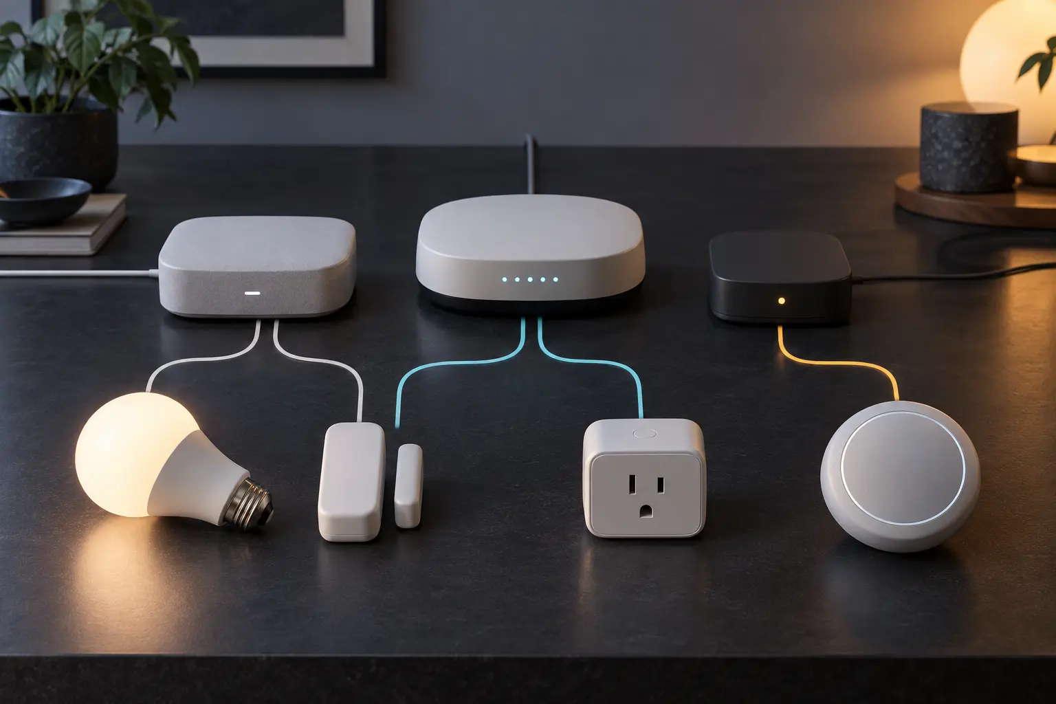 Conceptual unbranded smart-home controller, border router and legacy bridge connected to a bulb, sensor, plug and thermostat