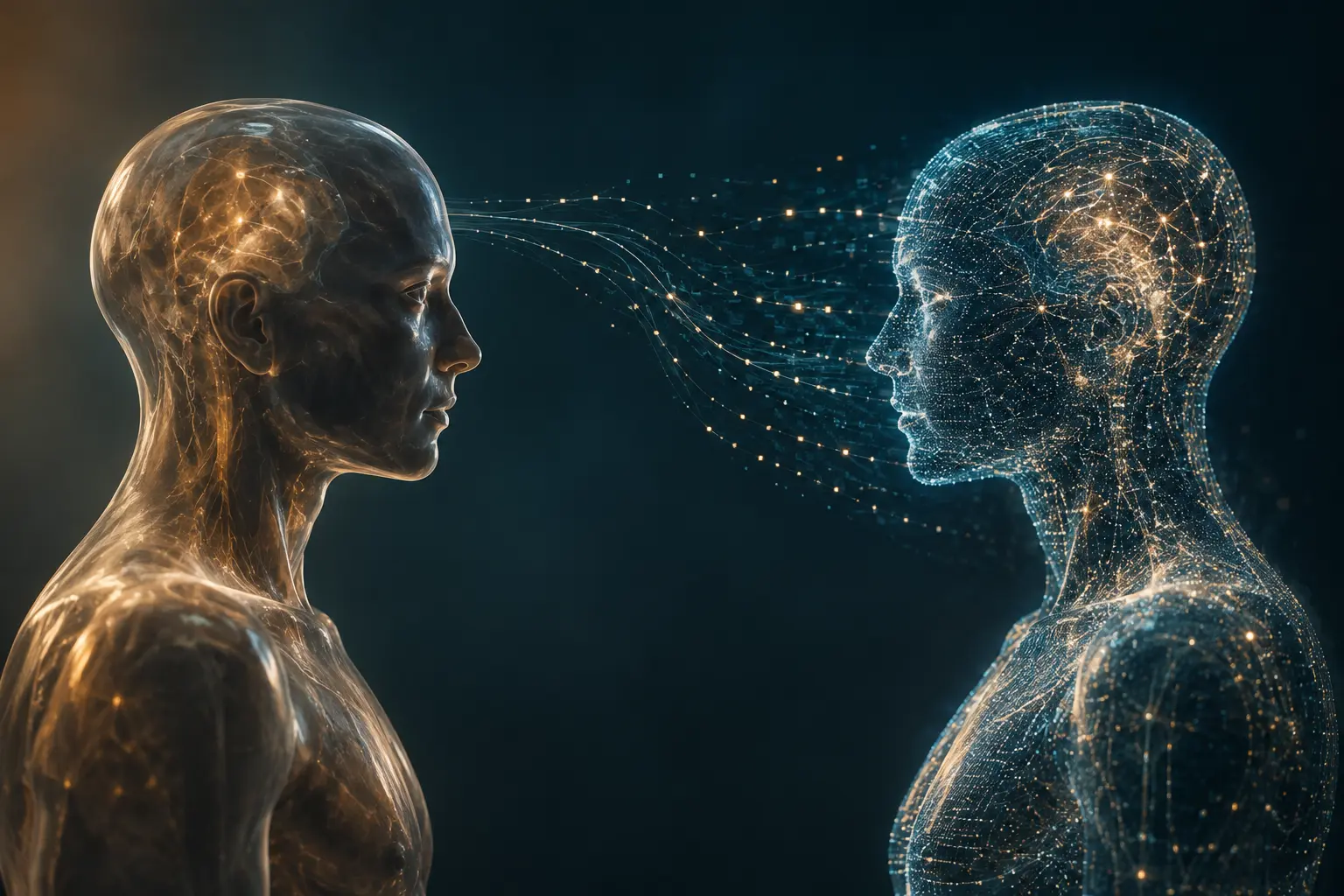 Conceptual humanlike figure facing a separate luminous digital counterpart across a narrow gap