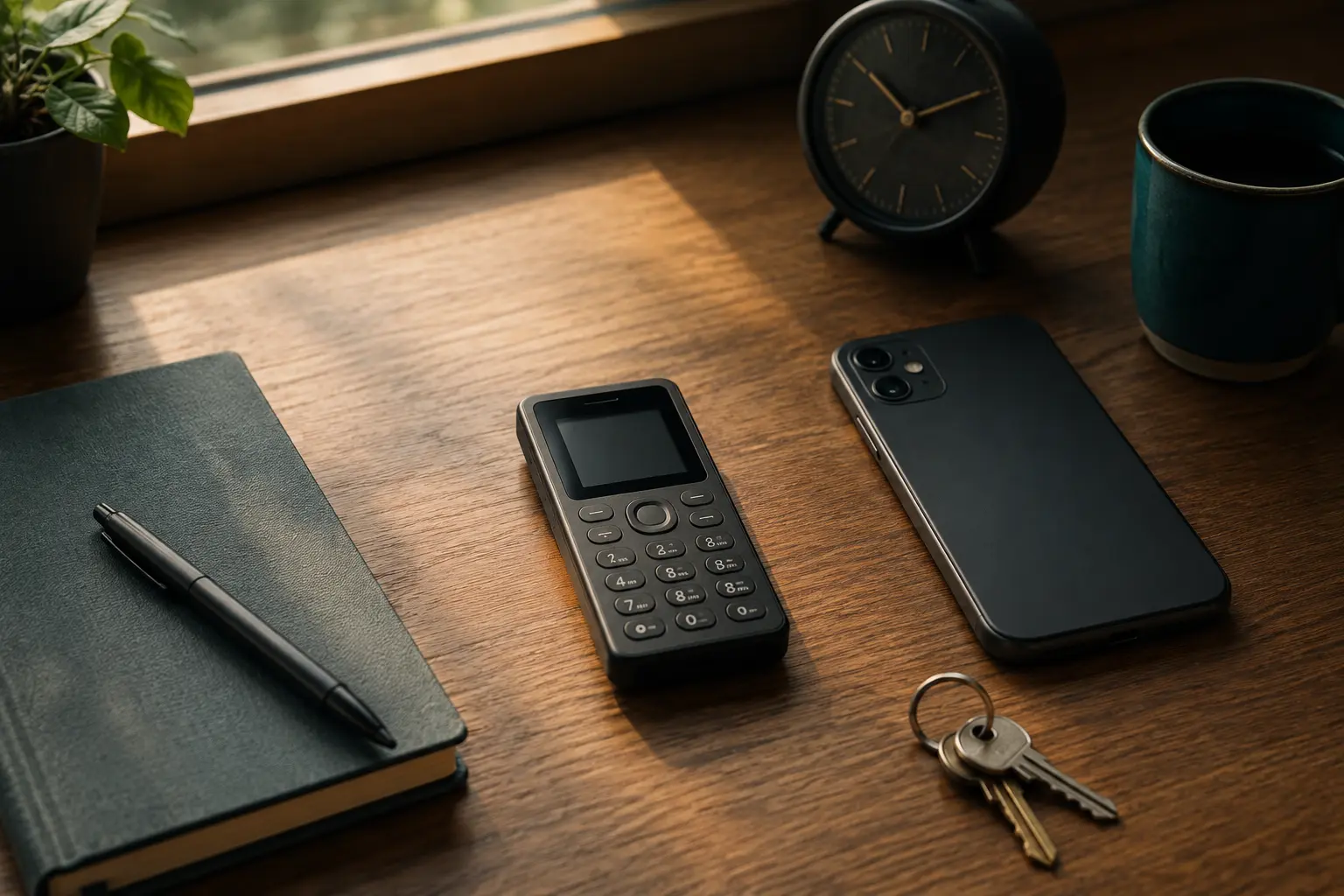 A generic keypad phone and a modern smartphone beside a notebook, keys and an analog clock