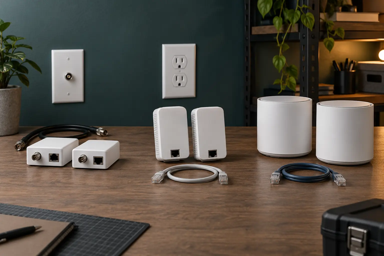 Illustrative unbranded MoCA adapters, powerline adapters and cylindrical wireless mesh nodes arranged as three home-networking categories