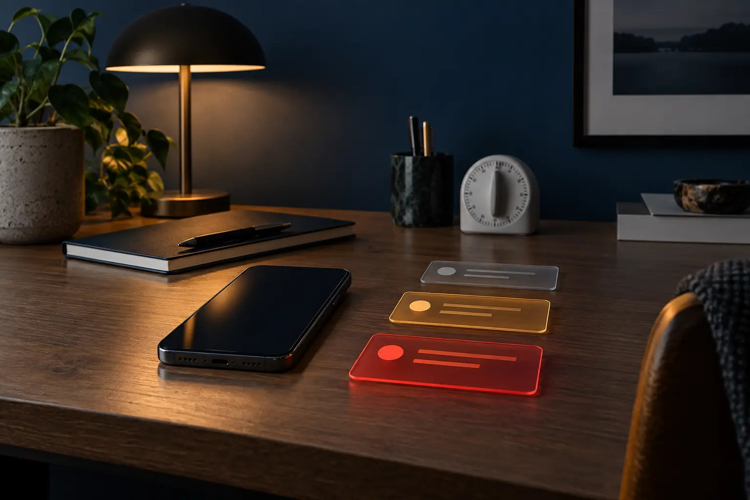 Conceptual unbranded phone beside three notification cards representing silent, scheduled and urgent tiers