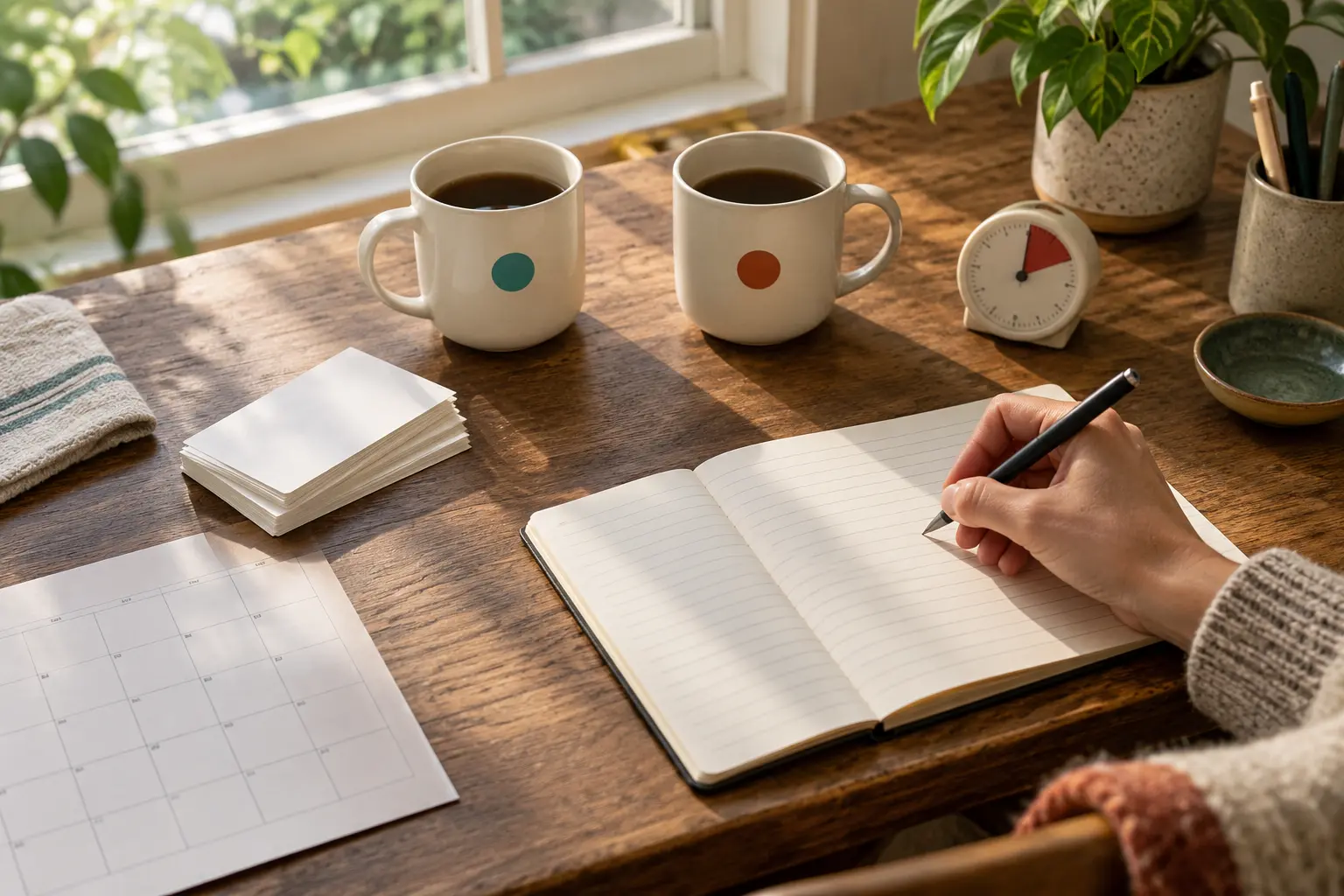 Two plain cups marked with different color dots beside blank cards, a calendar, timer and open notebook on a sunny desk
